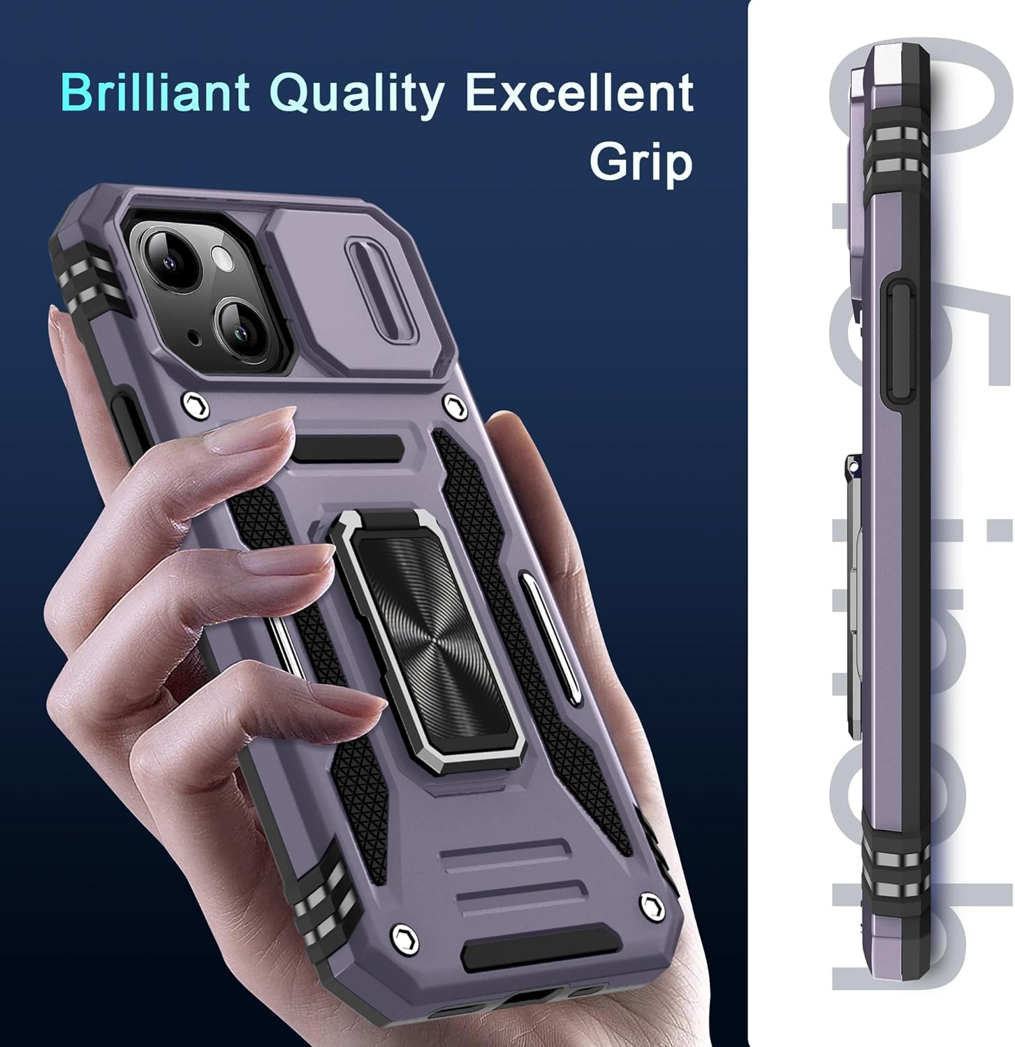 DEERLAMN Case for iPhone 14 Plus with Slide Camera Cover+Screen Protector(1 Pack), Rotated Ring Kickstand Military Grade Shockproof Protective Cover 6.7 Inch-Deep Purple - Image 8