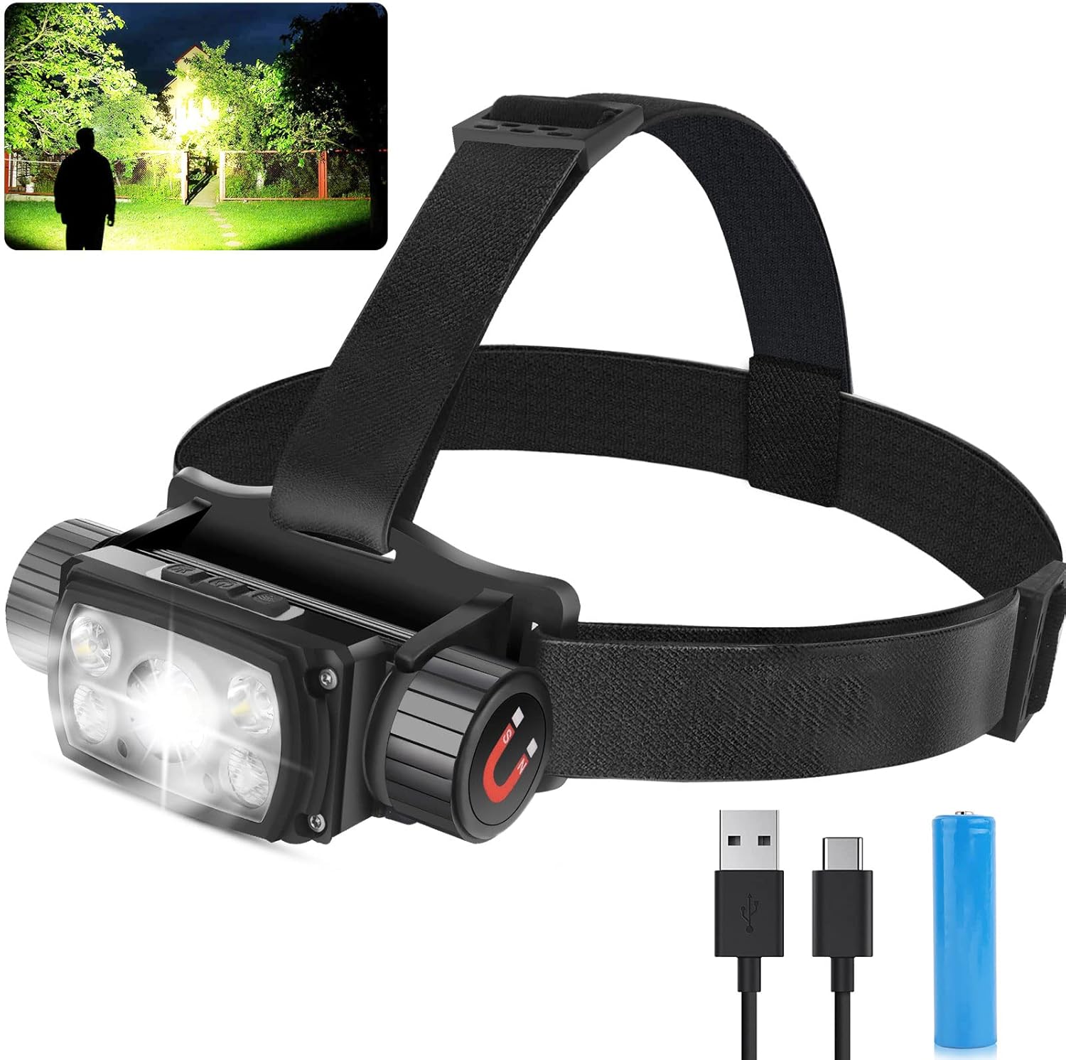 Rechargeable LED Head lamp, Super Bright Sensor Headlamp Flashlight,18 Modes, 12000 Lumen, Waterproof, 160 Degree Adjustable Hard hat Headlamp for Adults Camping and Hiking Gear. : Sports & Outdoors
