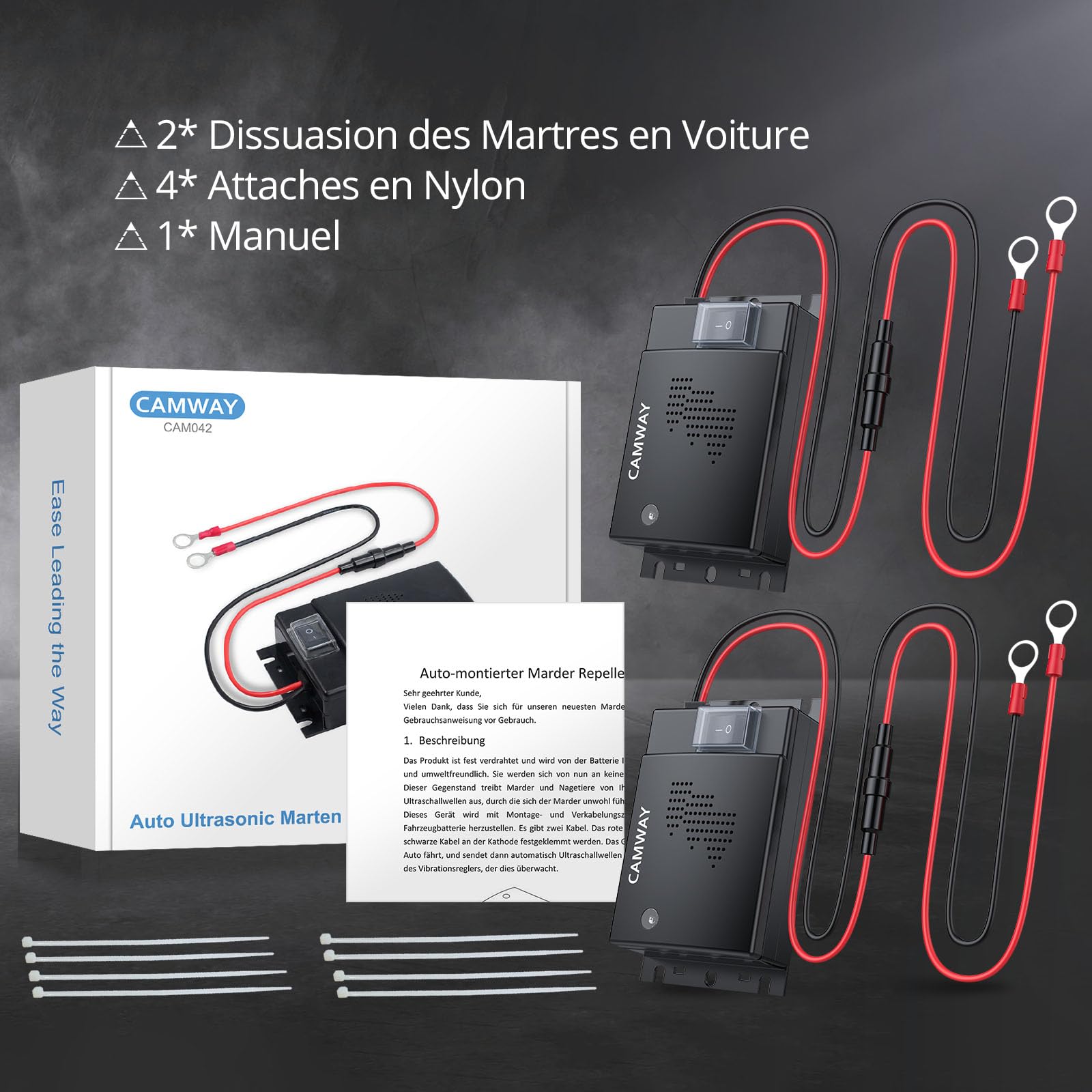 CAMWAY Répulsif Ultrason Souris pour Voiture DC 12V Répulsif Ultrason Rongeur Connexion à La Batterie de Voiture avec Voyants de Travail Nouvelle Version Ligne d'Extension 50cm Nouveau (2)