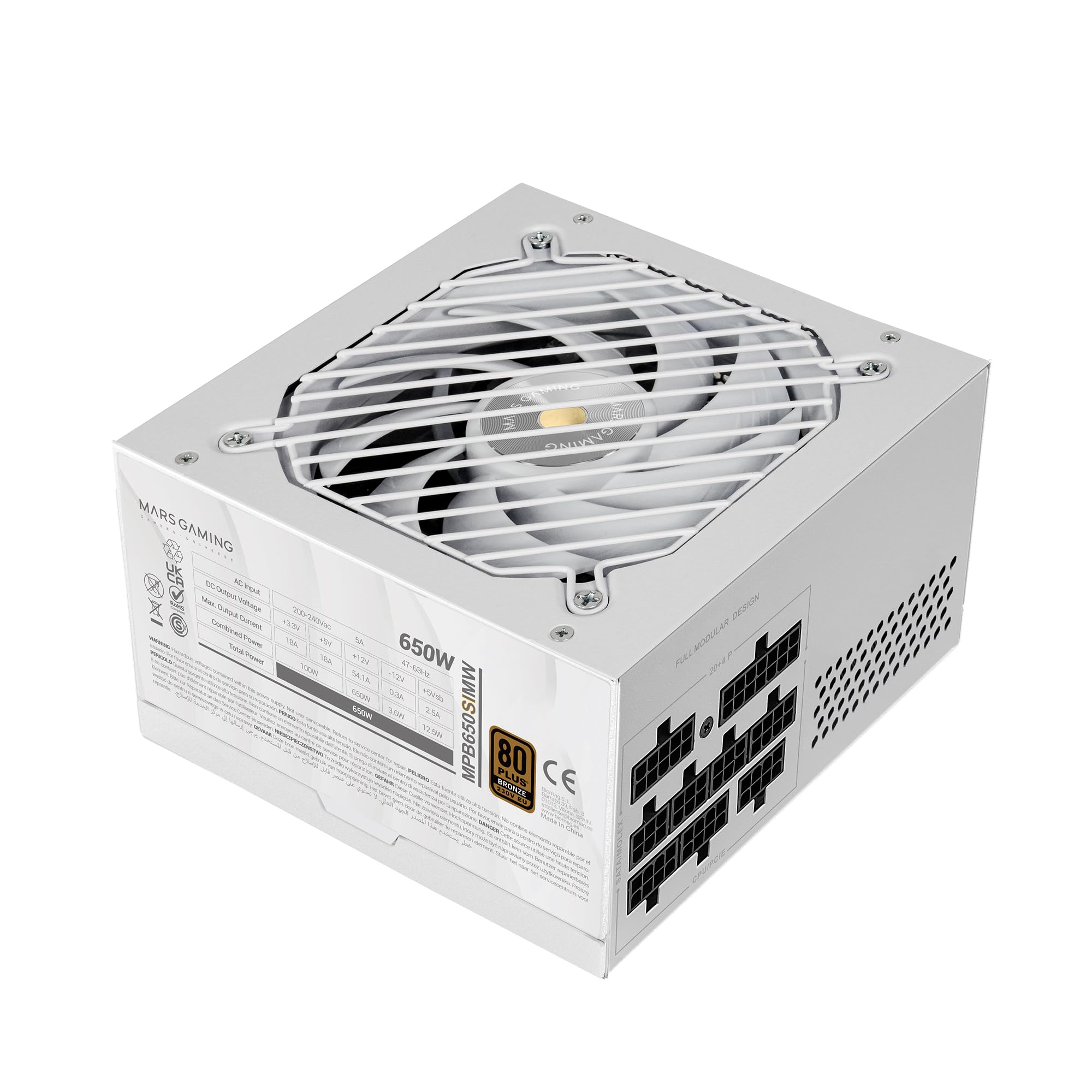 Mars Gaming MPB650SIM, Vollmodulares ATX 650W Netzteil, 7 Jahre Garantie, 80Plus Bronze 230V EU, SI 120mm Lüfter, AI2-RPM Technologie, DC-DC und SMD, Japanische Kondensatoren 105 °C, Weiß