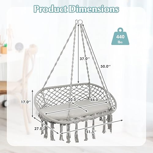 Miniatura 4 de Tangkula Silla hamaca para 2 personas, hamaca colgante de macramé con cojín, cuerda de algodón, borlas, silla colgante de estilo bohemio para