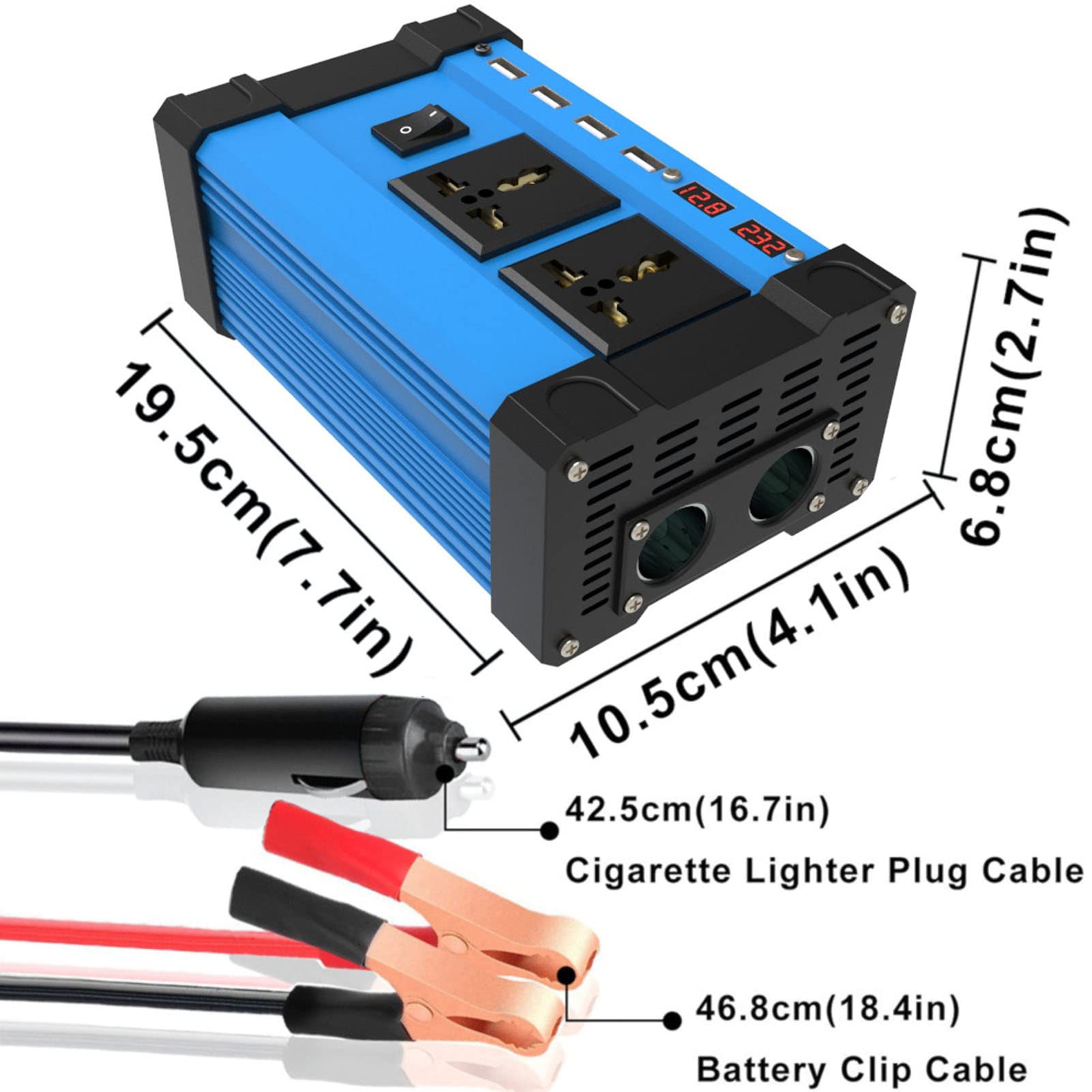 Falownik sinusoidalny o mocy 300 W, szybki falownik solarny do pojazdów z inteligentnym podwójnym wyświetlaczem LCD, 4 porty USB 4,2 A