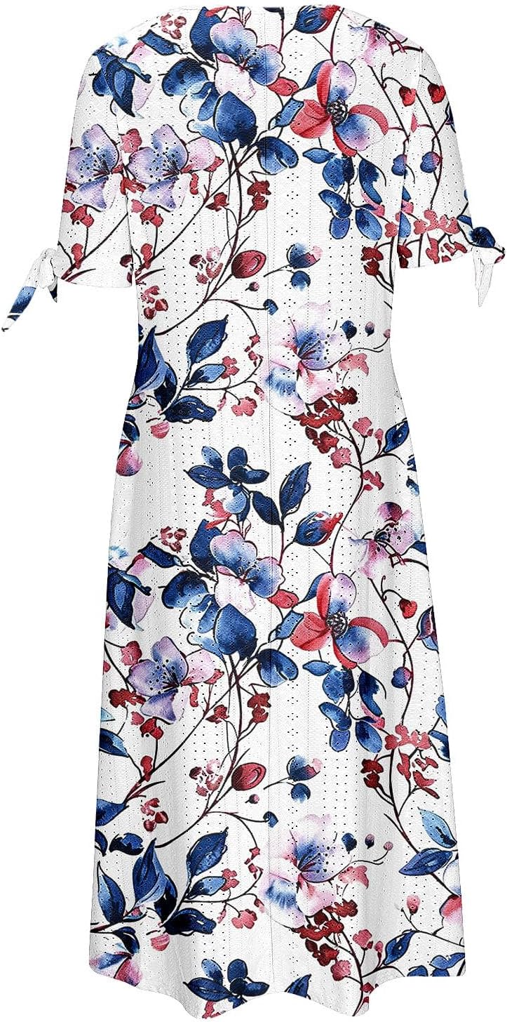Womens Long Maxi Dresses Summer Casual Boho Dress Floral Print Short Sleeve Flowy Beach Party Sundress with Pockets