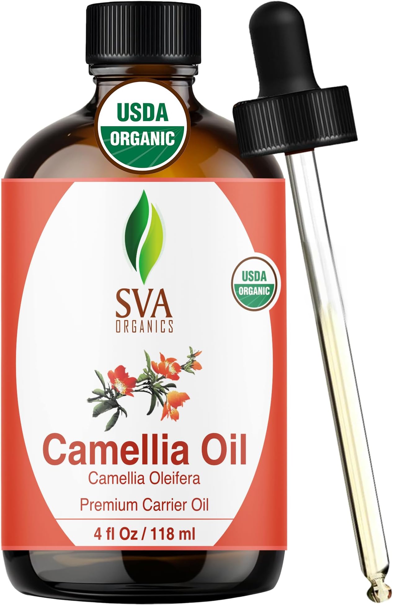 SVA Organics Camellia Oil Organic USDA 4 Ounce Pure Natural Cold Pressed Carrier Oil for Skin Care, Hair, Face Cleanser, Shampoo