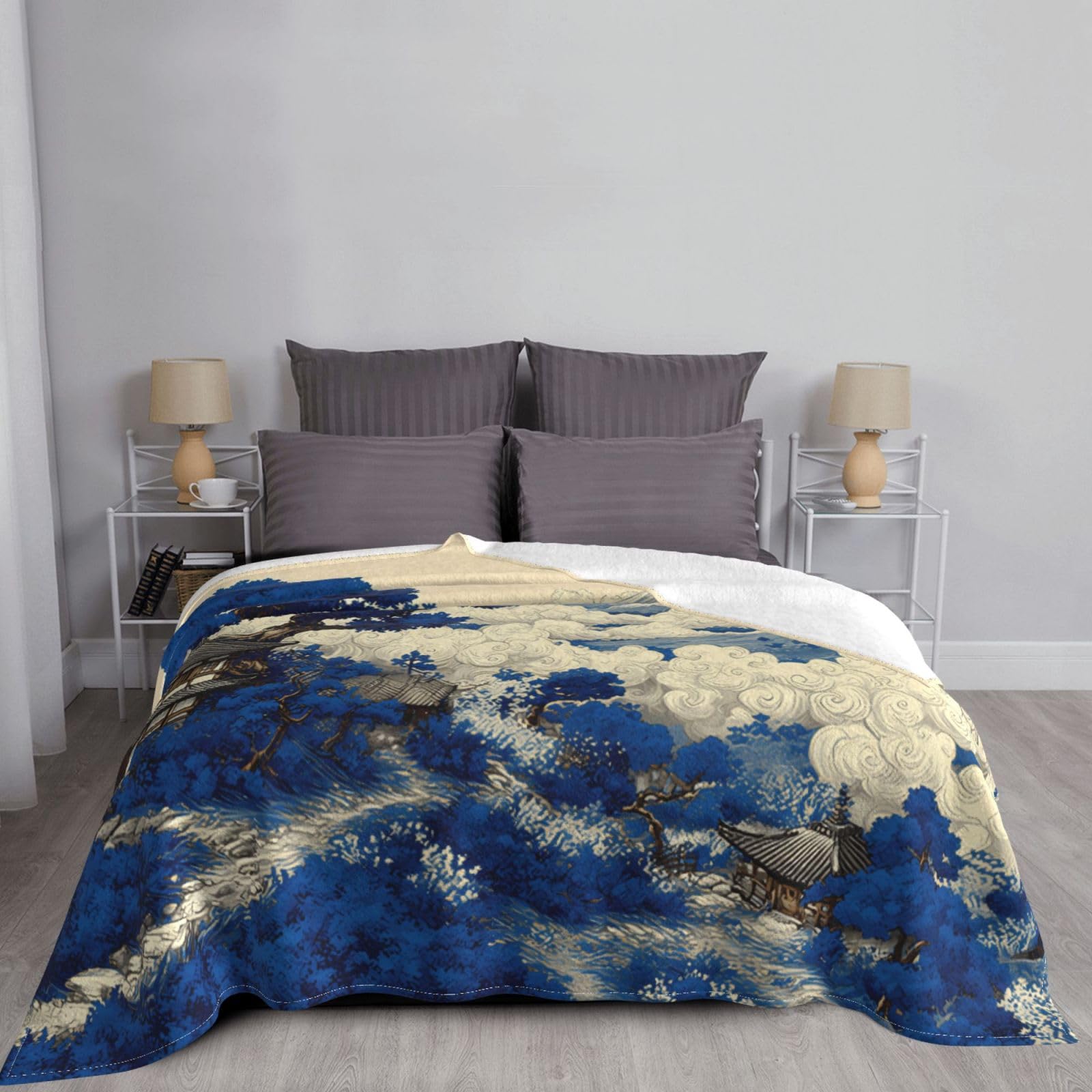 Manta de viaje portátil de 80 x 60 pulgadas, suave, resistente a las arrugas, plegable, exquisito estampado de bosque azul