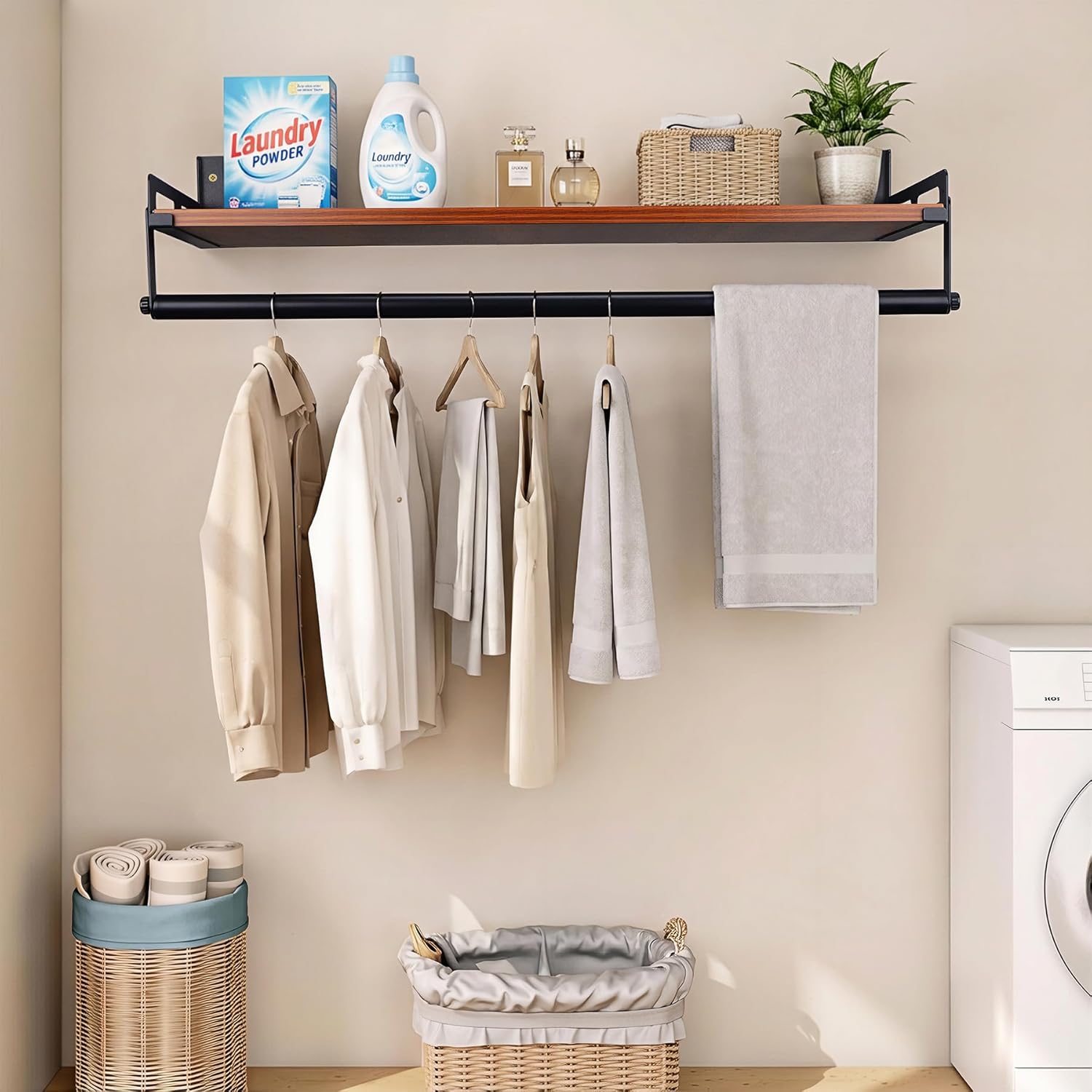 Clothes Rack with Top Shelf, Wall Mounted Garment Rack, 31.6" Clothing Rack with Shelves, Heavy Duty Iron Garment Bar, Retail Display Clothes Rod for Clothes, Space Saving Hanger, for Shops, Homes