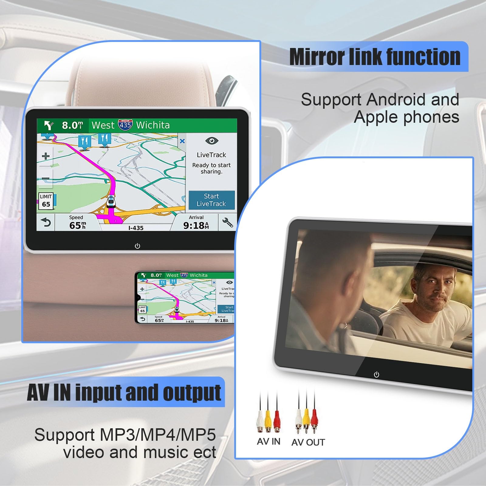 Display Poggiatesta Auto, Lettore Video Poggiatesta Auto, Monitor Con Luce Ambientale, Monitor Auto Senza Fili, Mirroring Monitor Auto(10.1in)