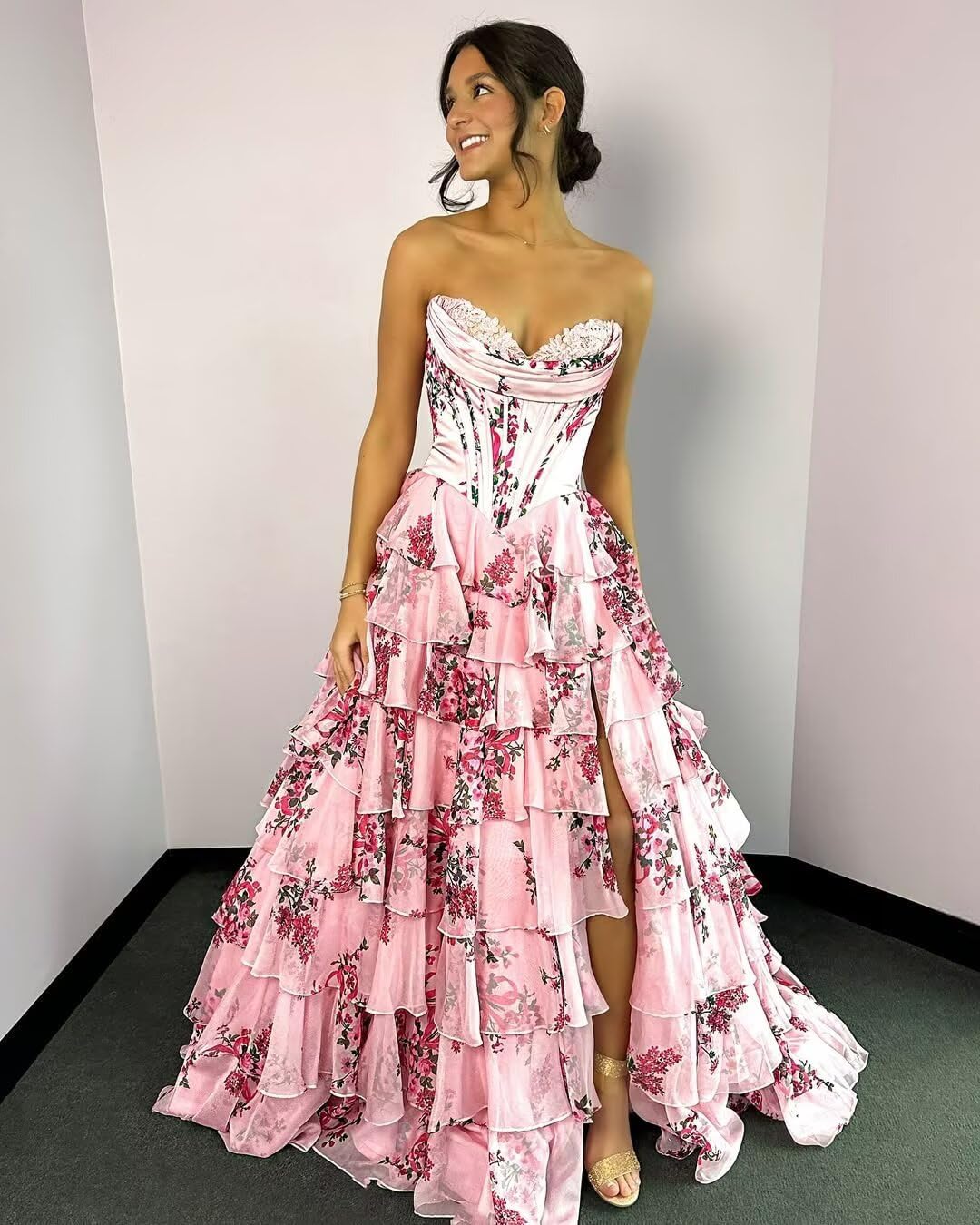 GATMAHE Tulle Floral Prom Dresses for Teens 2026 Tiererd Long Ball Gown Strapless Sweetheart Formal Evening Gowns with Slit
