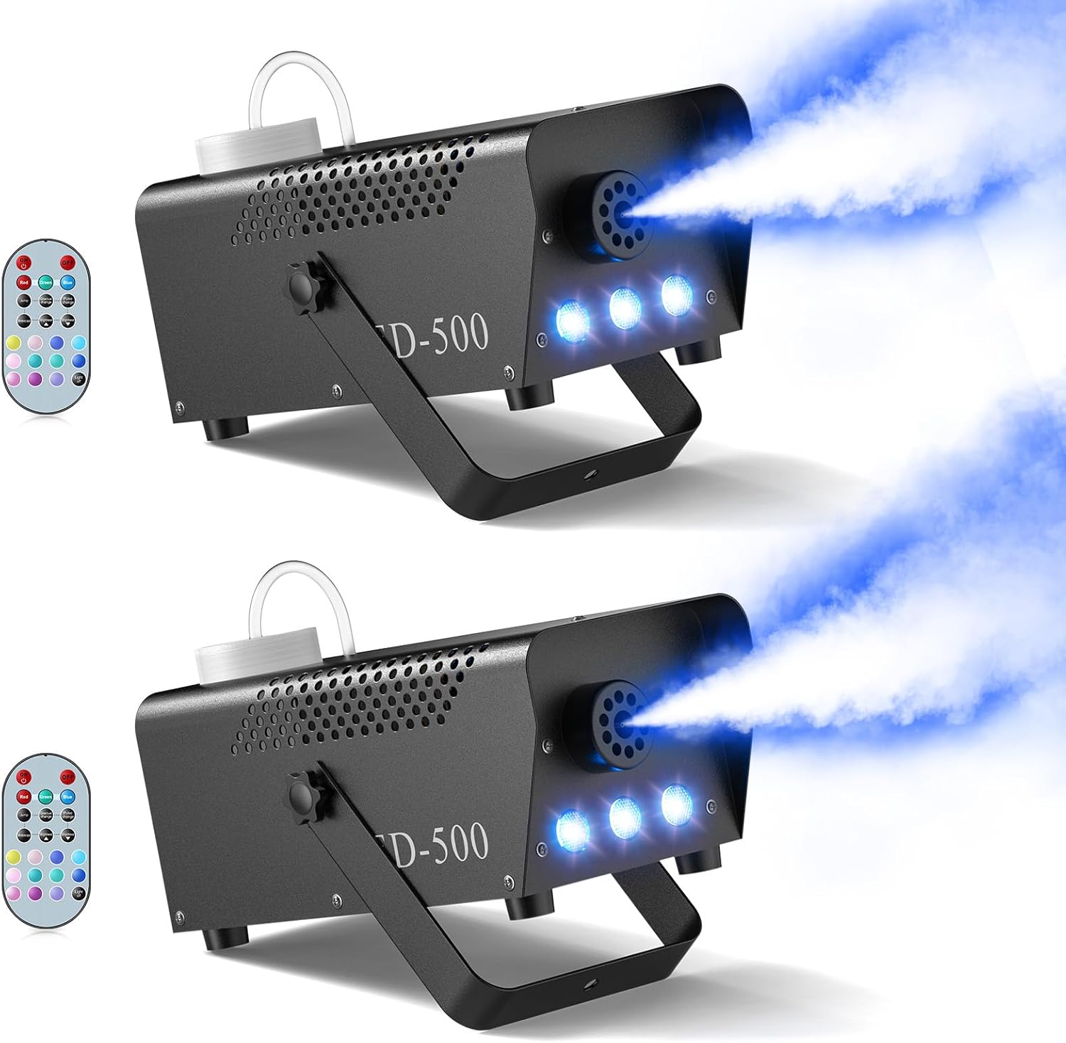 500W Fog Machine,Smoke Machine with 3 RGB LED Lights, 14 Colorful LED Lighting Effect Fog Machine, Wireless Remote Smoke Machine for Party Stage Christmas Wedding Halloween, 2 Pack