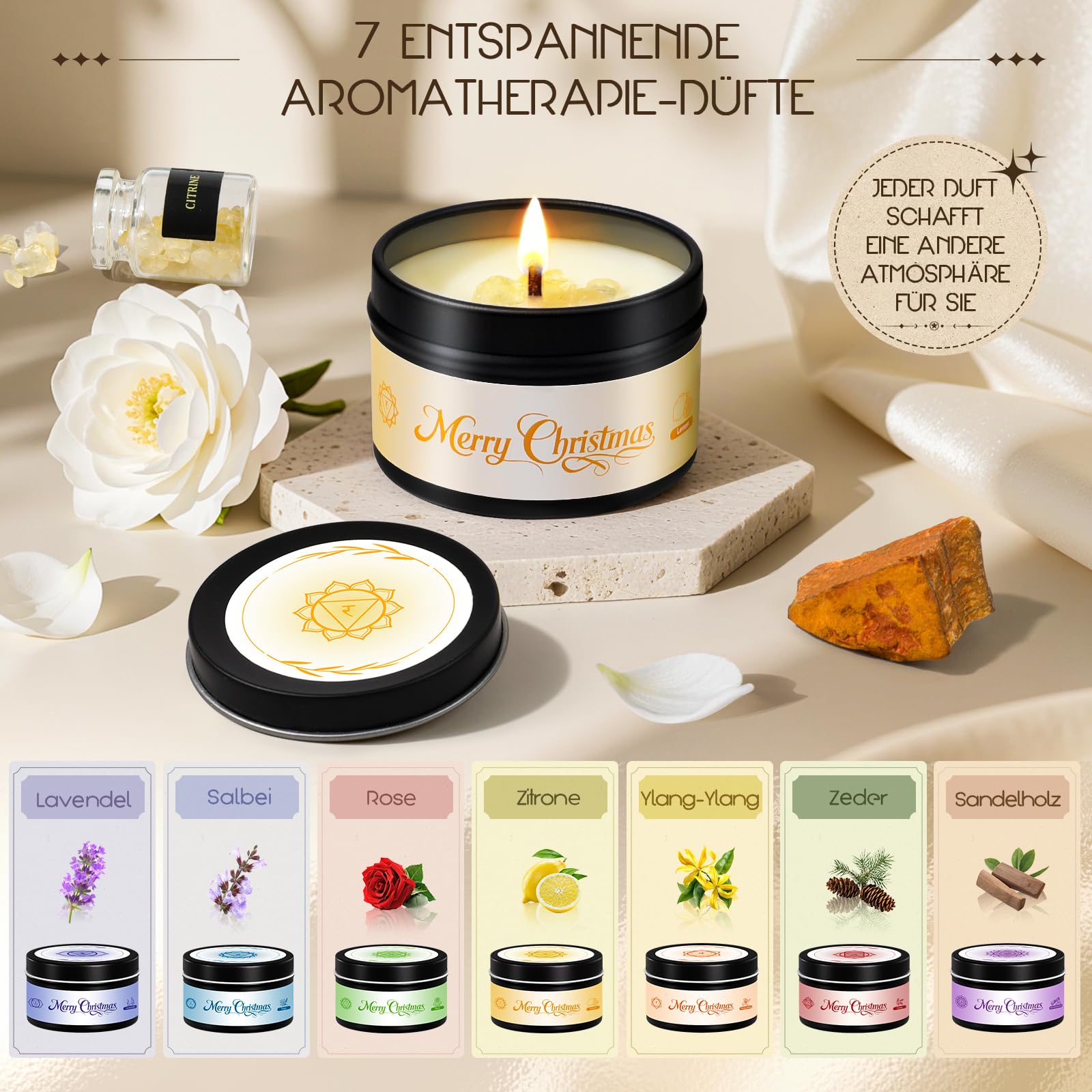 Calendrier de L'avent 2026 Femme Chakra Bougie Parfumées avec Pierre Precieuse, Cadeau pour Yoga Massage Meditation Lithothérapie, Candle Bijoux Cristaux Coffret Cadeau Grand Mere Maman Amie