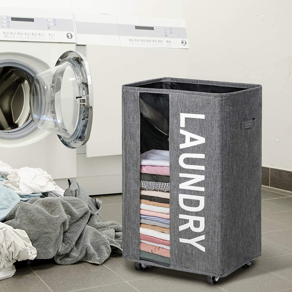 WOWLIVE 90L Rolling Laundry Hamper Large Laundry Basket Wheels Collapsible Clothes Hamper with Clear Window Carry Handles Rectangular Laundry Basket Bin 16"X12"X28"(Grey2)