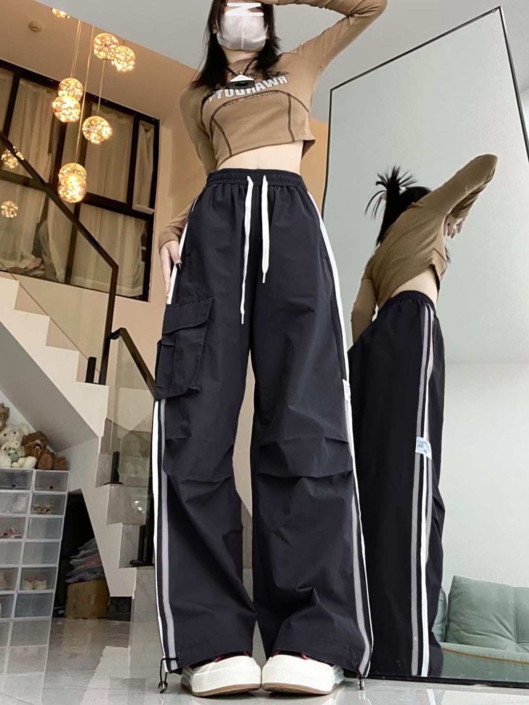 Baggy Cargo Pants for Women Acubi Drawstring Low Waist Parachute Sweatpants Y2K Emo Wide Leg Trackpants Alt Clothes