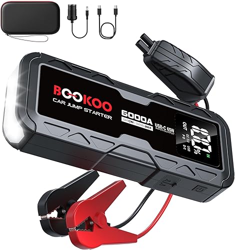 BOOKOO Jump Starter 6000A,12V Portable Car Battery Jump Starter (for All Gas and 12L Diesel Engines) 88.8Wh Jump Box with USB-C 65W 2-Way Fast Charging,160W DC,USB QC3.0,Jumper Cables -2026 Upgrade