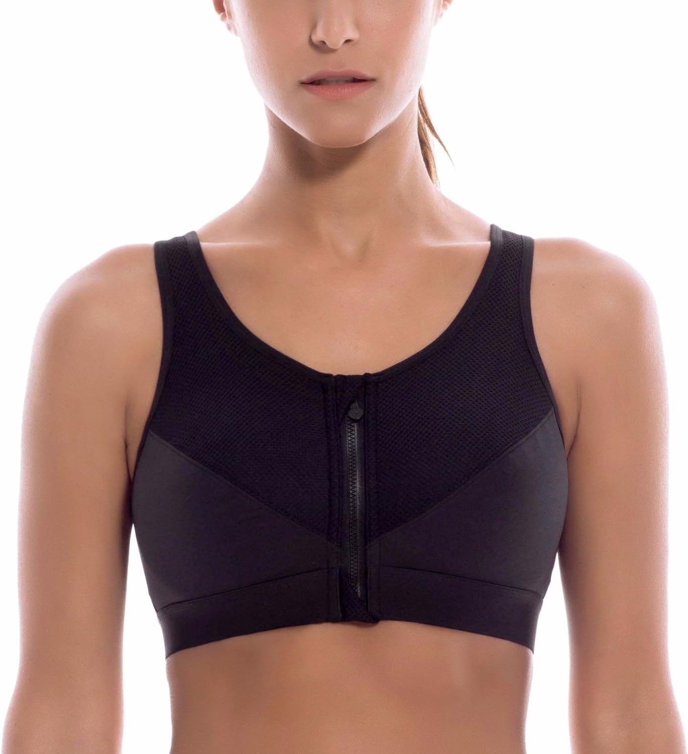 Women's Sports Bra High Impact Front Fastening Zipper Wireless Post Surgery Support Workout Bra