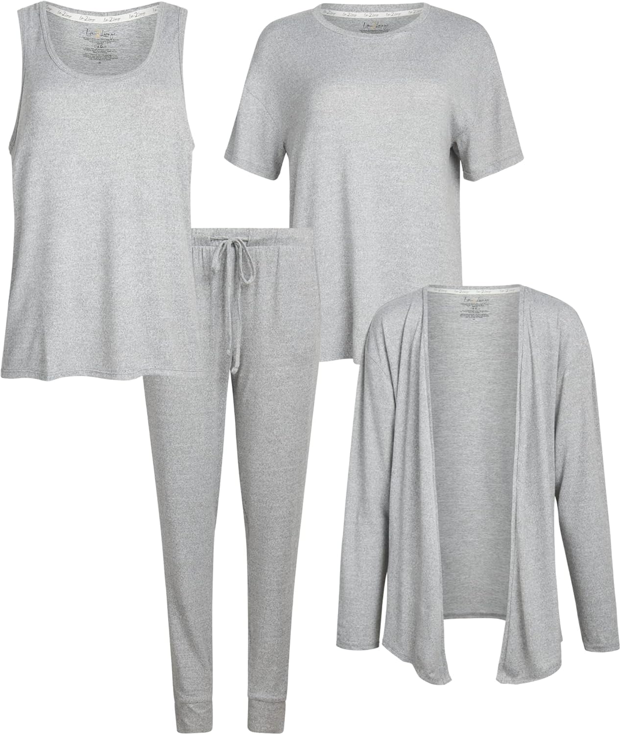 Women's 4-Piece Pajama Set, Soft Hacci Knit Loungewear, Short Sleeve T-Shirt, Tank Top, Cardigan & Jogger Pants