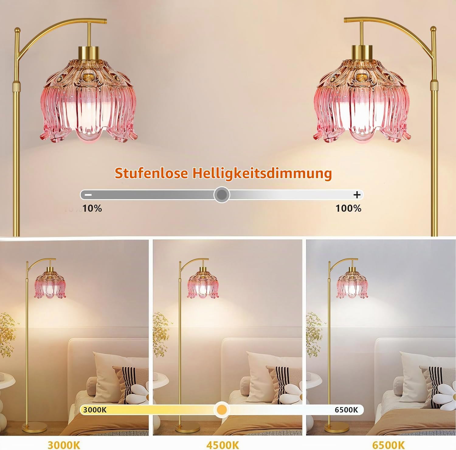 QIYIZM Pinke Stehlampe für Wohnzimmer, Schlafzimmer, goldfarben, dimmbar, Stehleuchte mit Fernbedienung, Mitte des Jahrhunderts, moderne Messing-Lampe, Boho-Stehlampen, Bogen, Buntglas, Blume