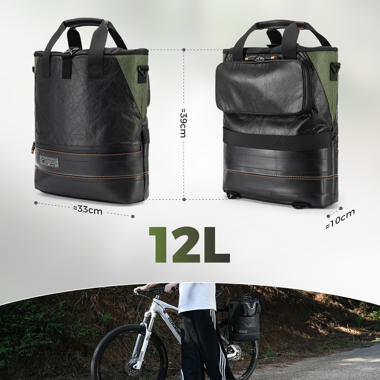 ROCKBROS Road to Sky 4 in 1 Borsa Bici Laterali 12L, Borsa da Bici per Portapacchi Regolabile con Maniglia e Tracolla, Idrorepellente e Ecologico, per Ciclismo Viaggio Commuting Escursioni