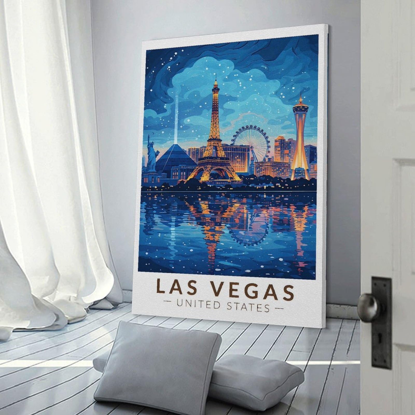 Junmoney Las Vegas Skyline at Night(2) Decorative Wall Artwork 24x36inch(60x90cm), for Living Room, Bedroom, Office Or Hallway, Decorative Artwork with Broad Appeal