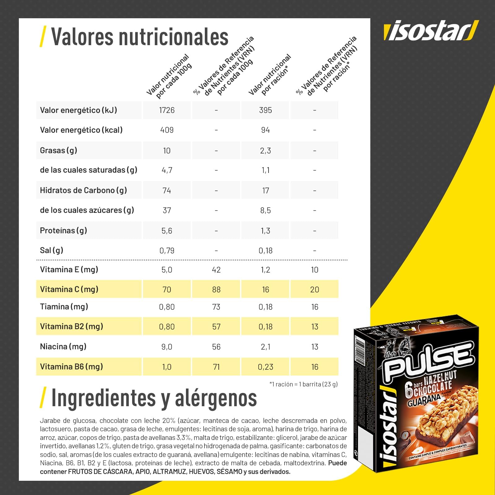 Isostar Barritas Pulse. Barritas de avellana con chocolate energéticas con hidratos de carbono de utilización rápida y progresiva. guaraná y alto contenido en vitaminas. 6x23g