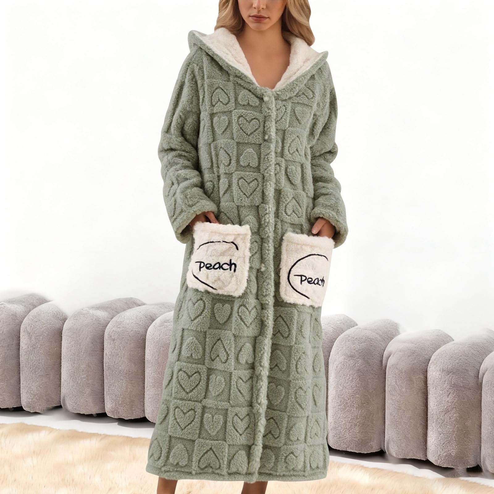 Generisch Albornoz de franela con capucha y patrón de corazones y estampado de corazones, suave y cálido albornoz para invierno cómodo y relajante ropa de dormir