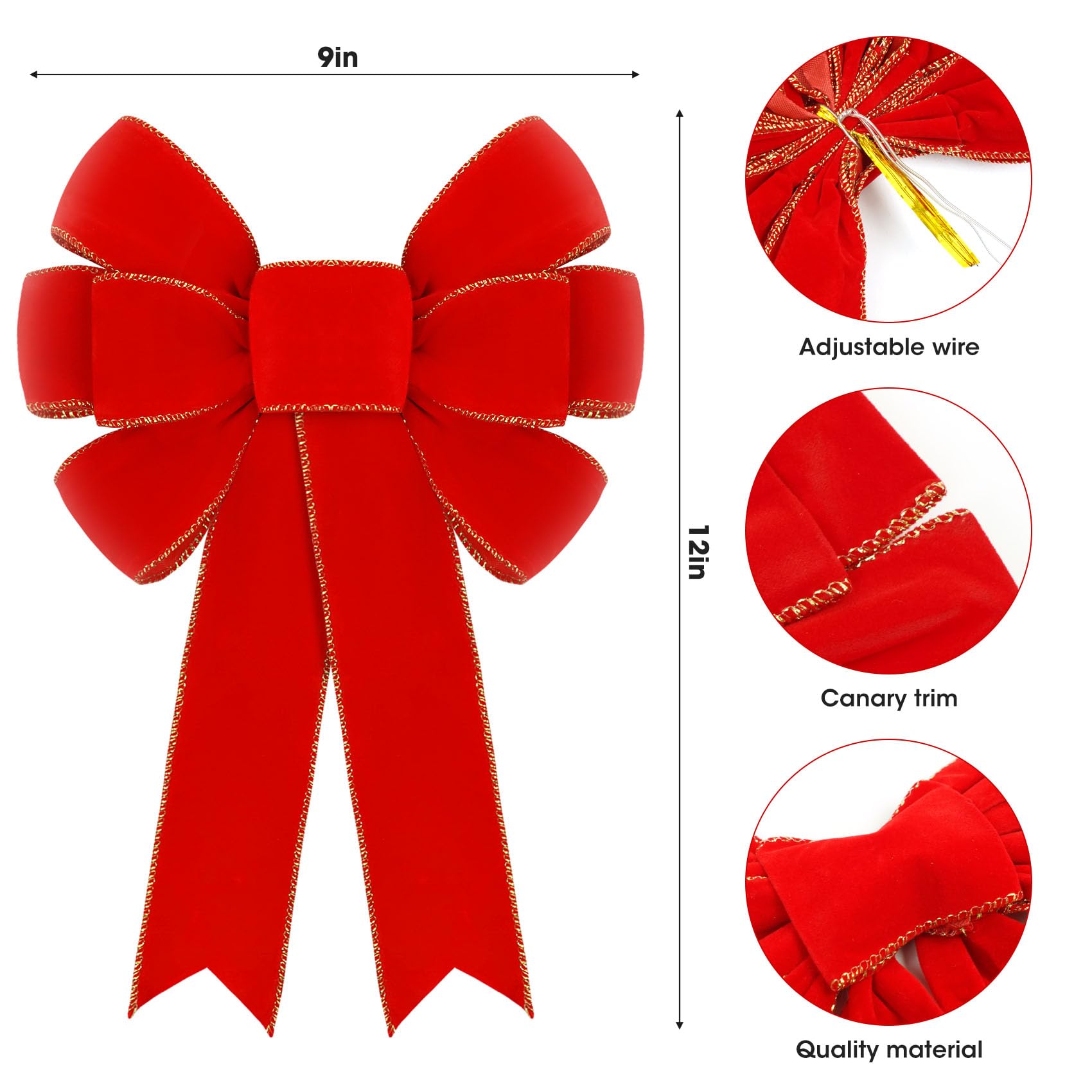 12 lazos rojos para decoración de Navidad, 9 x 13 pulgadas, lazos de Navidad de terciopelo para exteriores con borde dorado brillante para árbol de Navidad, coronas, chimenea interior