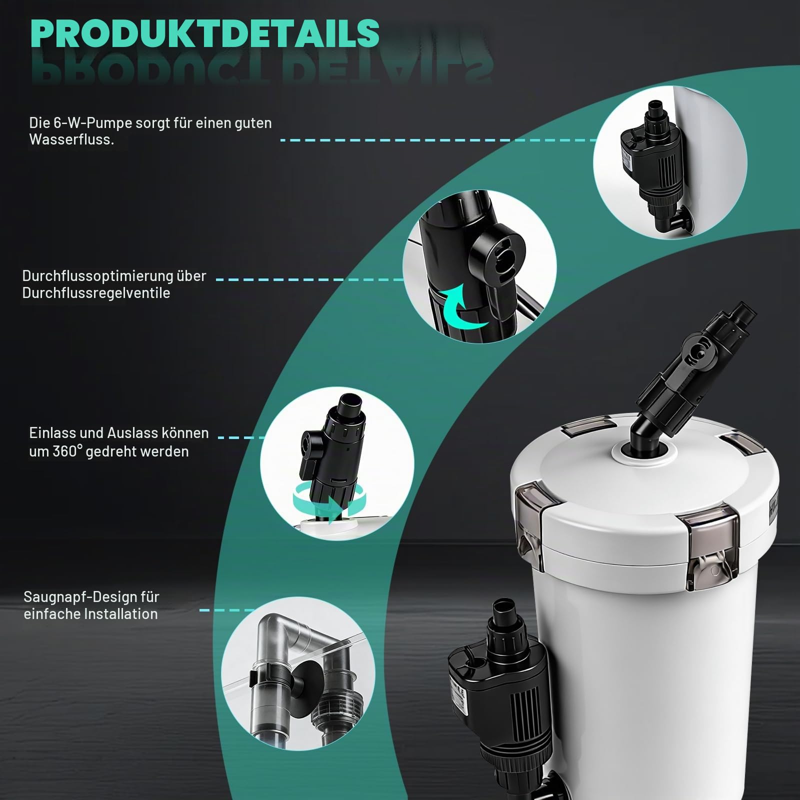 EXLECO Außenfilter Aquarium 400L/H 6W Filter für Aquarien bis 120L | Einstellbar Aquariumfilter Leistungsstarker 4 Stufen Kanisterfilter, Kammerfilter mit Filtermaterial Schlauch HW-603B