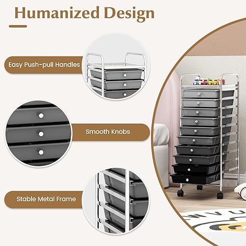 Miniatura 7 de DREAMADE Carrito rodante con 10 cajones de almacenamiento, carrito utilitario con cajones de plástico extraíbles, ruedas con cerradura, carrito de