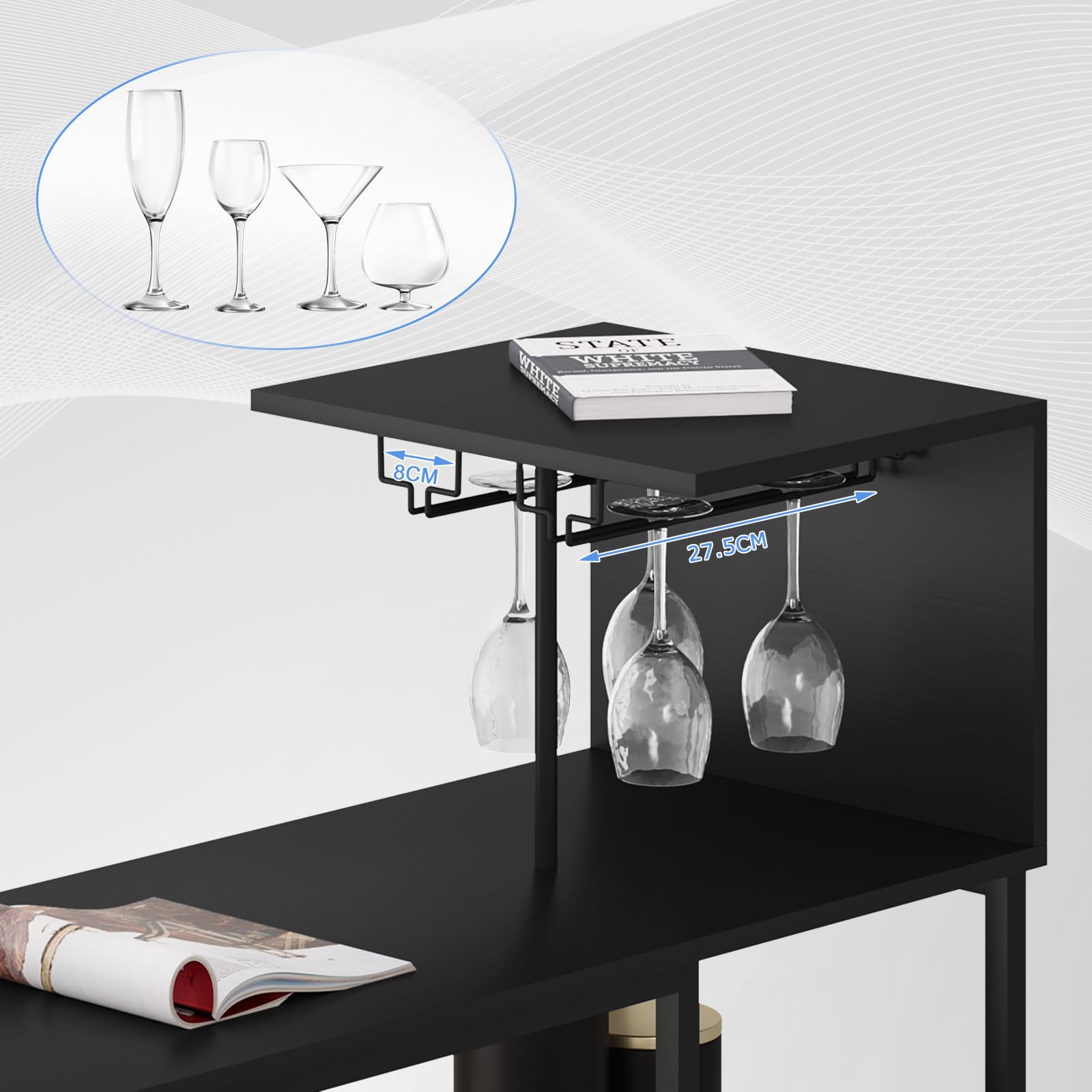 WOLTU Bartisch mit Barhocker Set, Bistrotisch mit 2 Barhockern, Thekentisch mit Weinregal Glashalter, Küchentisch mit 3 Ablagen, Industrie-Design, Schwarz