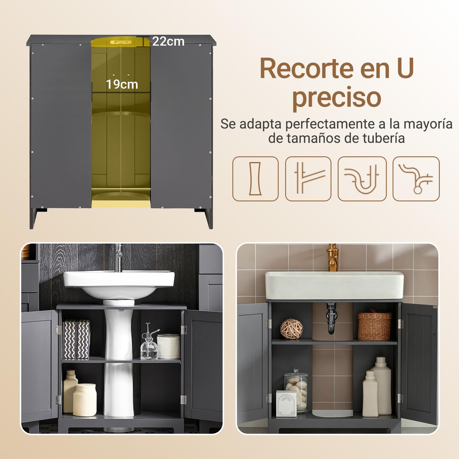 SoBuy Mueble bajo Lavabo con Corte para Sifón 60x29x60 cm Gris Oscuro | Armario Baño con Puertas y Balda Ajustable– Mueble Baño Lavabo Auxiliar en MDF, BZR18-II-DG