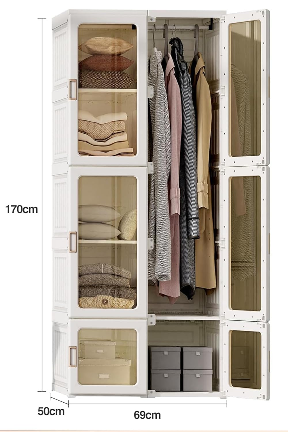 Dripex Kleiderschrank, Schrank 69 x 170 x 50 cm (B x H x T), einfache Montage, Faltbarer Mehrzweckschrank mit Stange, magnetische Türen, für Wohnzimmer Schlafzimmer Weiß