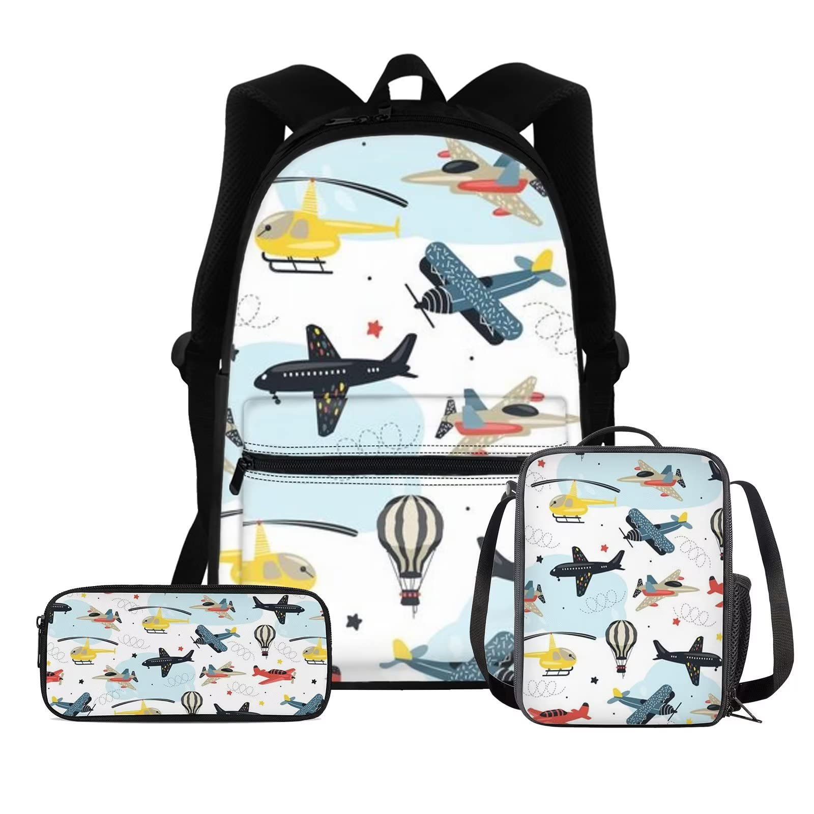 DISNIMO Bolsas escolares de gran capacidad, lonchera + estuche para lápices, 3 en 1, Avión de dibujos animados 2