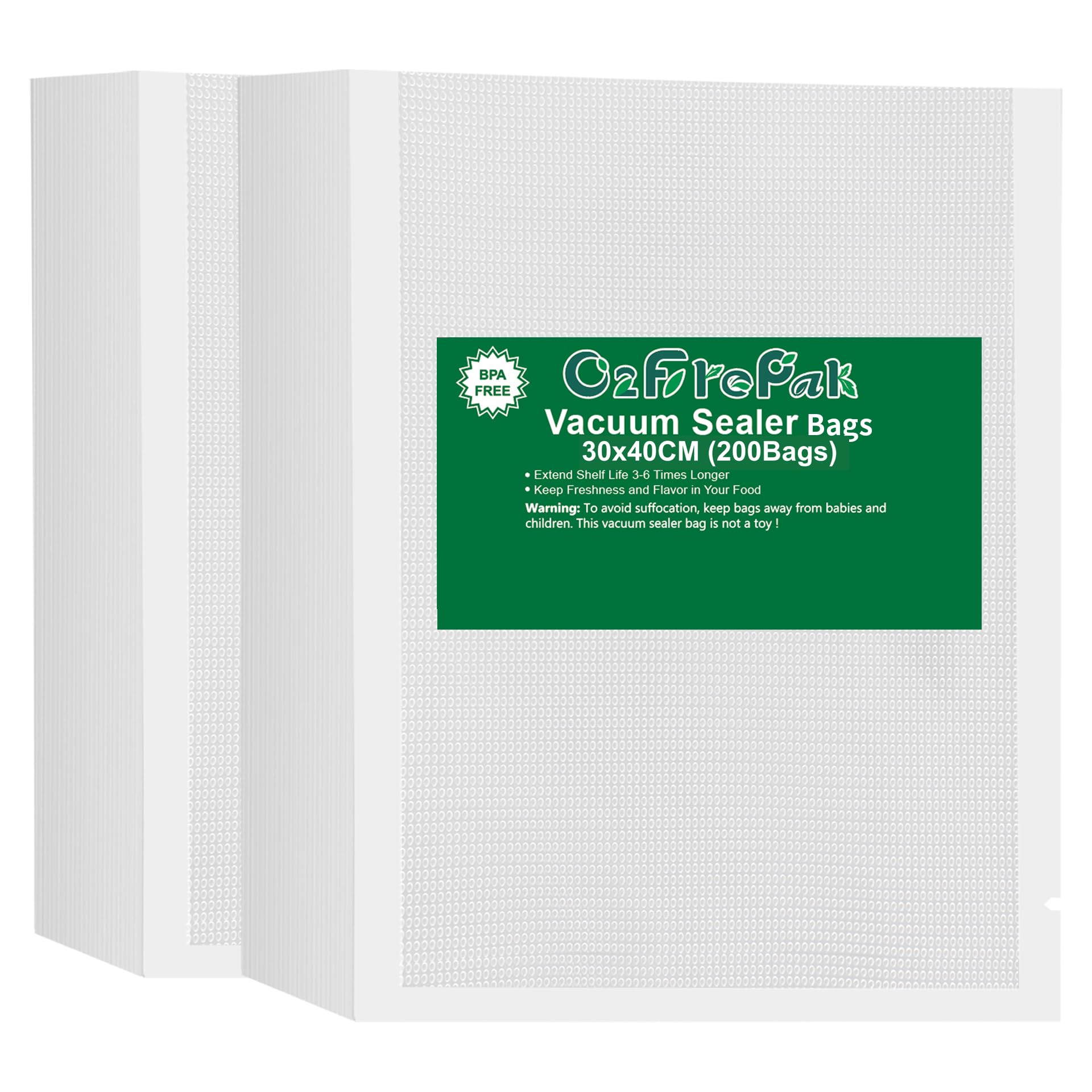O2frepak 200Count 30x40cm Textured Vacuum Sealer Bags for Food sealer,BPA Free Embossed Vacuum Food Sealer Bags,Great for Sous Vide PreCut Bag