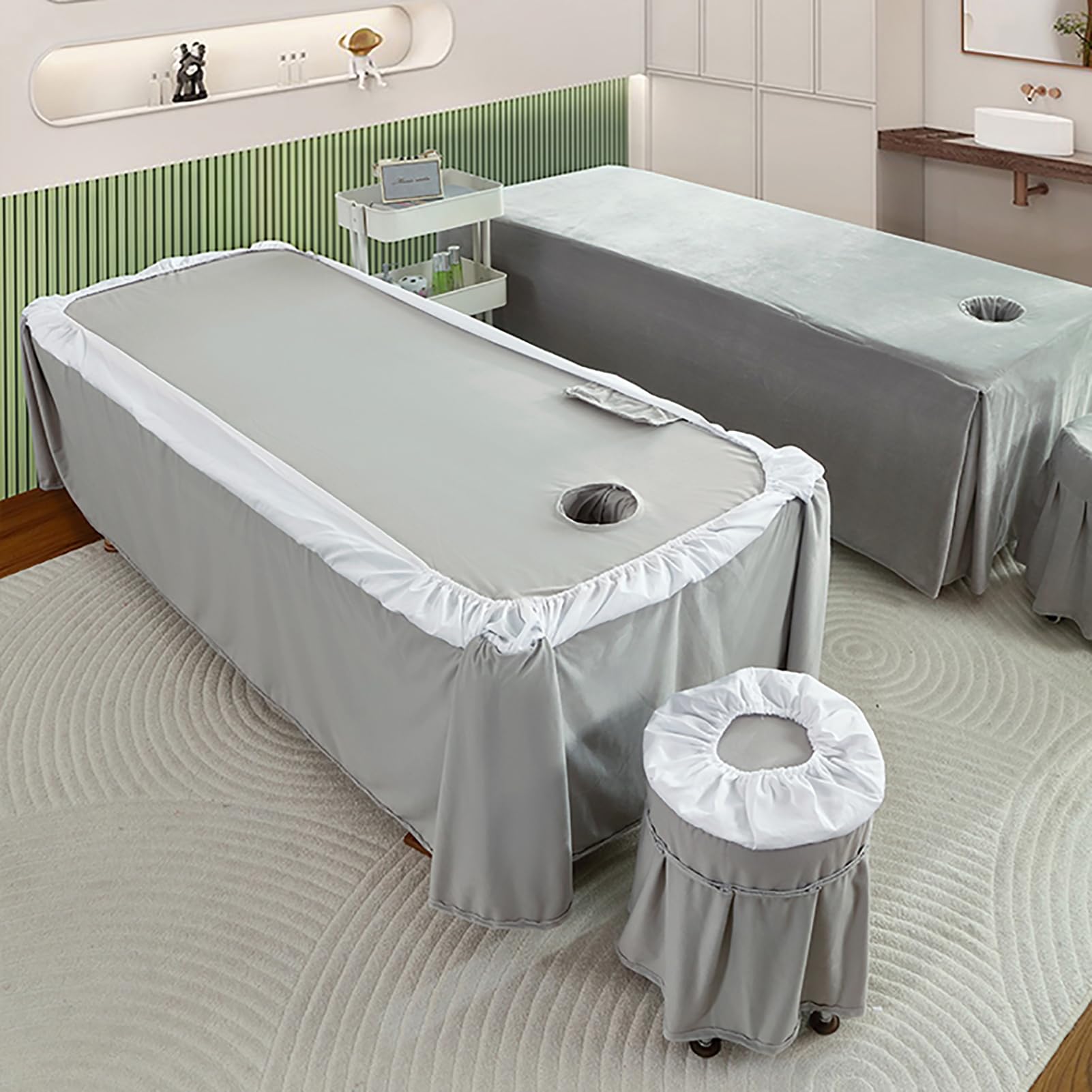 Zestaw pościeli do salonu SPA: czteroczęściowy zestaw: obrus (z spódnicą), pokrowiec na koc, poszewki na poduszki i pokrowce na krzesła, narzuta na łóżko i narzuta do salonu, kolor biały, 70 x 185 cm