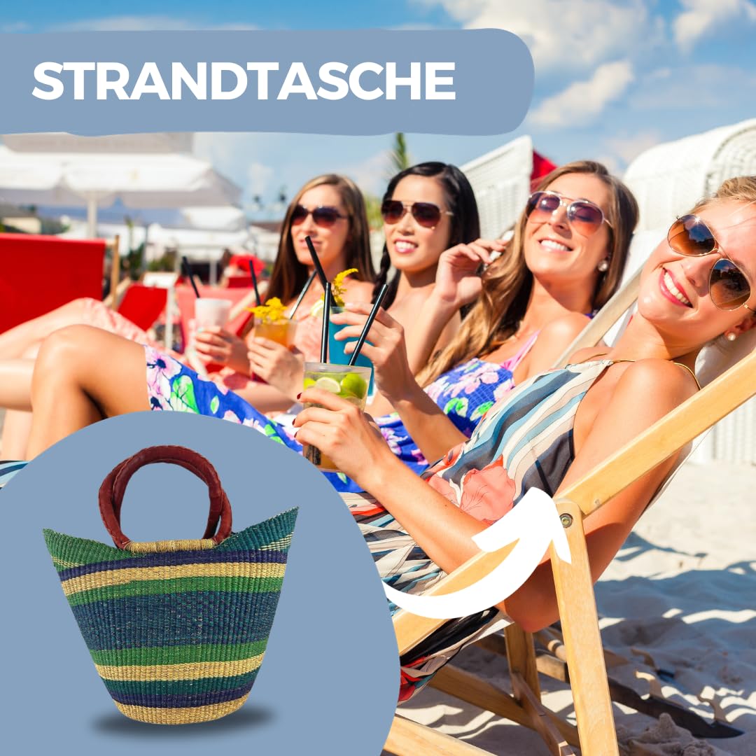 Bolga Tasche XXL - Das Original aus Ghana - Bunt - Fair Trade - Oval - Viele Farben - Afrikanische Korbtasche mit Ledergriff - Flechttasche 40-45 cm - Einkaustasche mit Wunschdesign (Taifa)