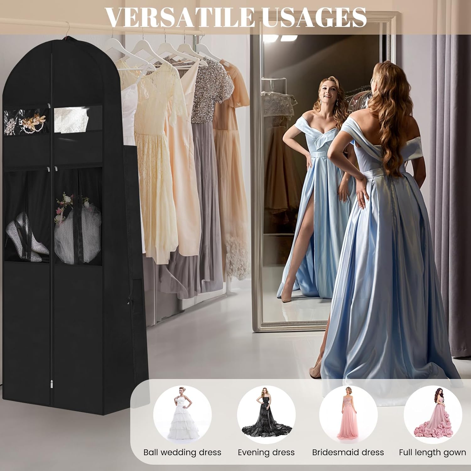 Wedding Dress Garment Bag,72’ Tri-Fold Bridal Gown Bag with 6 Pouches and Adjustable Buckle Gown Cover for Wedding/Prom/Travel/Closet Storage (Black)