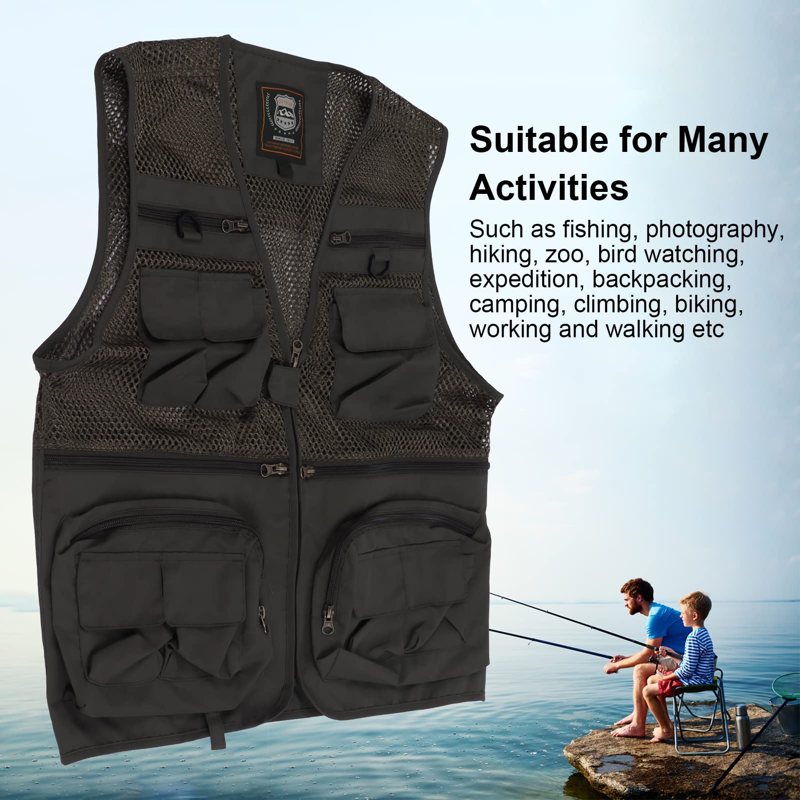 Topyond Fishing Vest Breathable Quick Drying Multi Pockets Mesh Work Waistcoat for Men Photography Cycling Hiking (L)