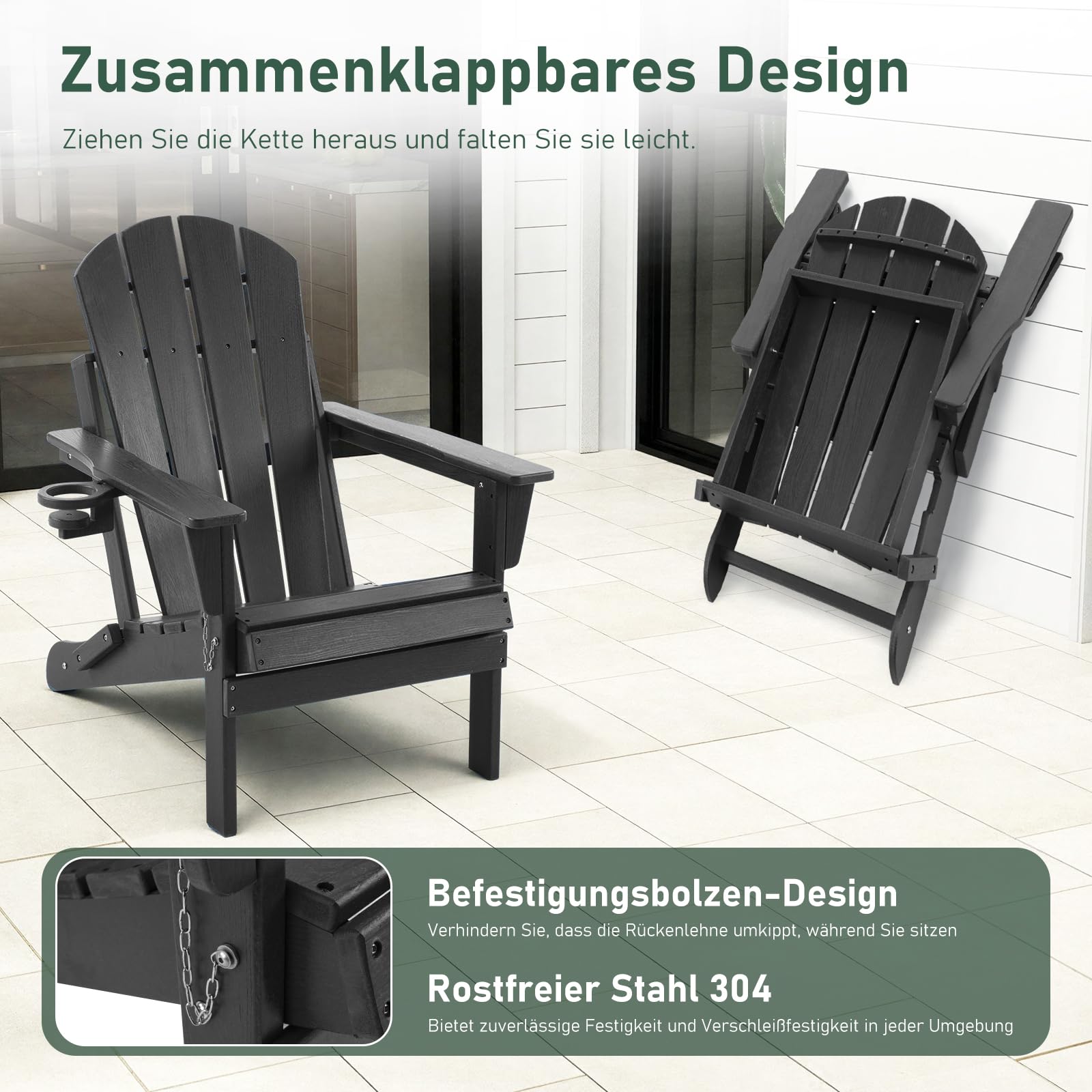 Adirondack Stuhl 2er Set Klappstuhl mit Getränkehalter, Wetterfest Gartenstuhl Patio Stühle, Gartensessel aus Kunststoff für Garten, Terrasse und Balkon, Schwarz 2pcs