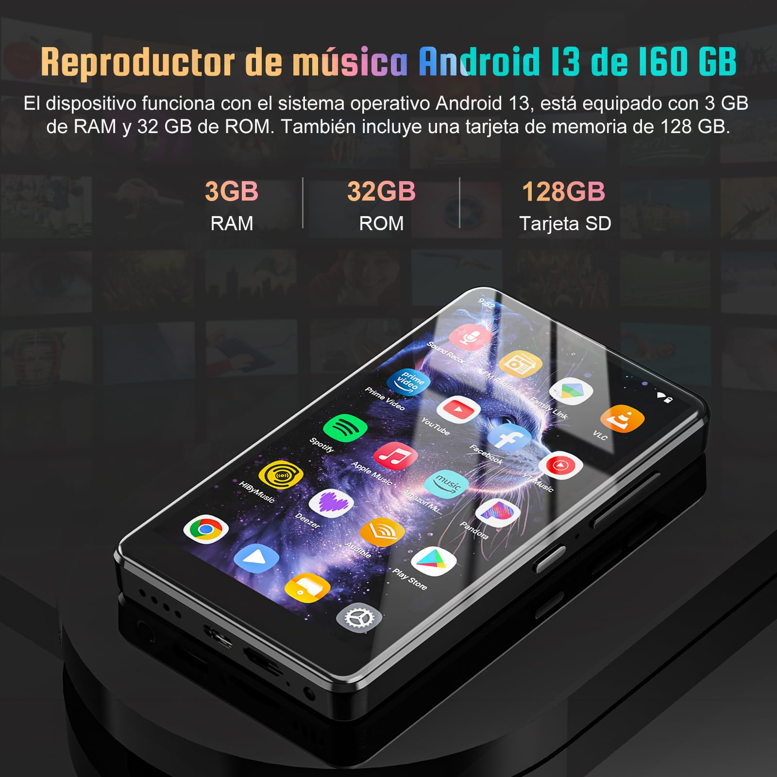 Reproductor MP3 de 5" con Sistema operativo Android 13, Reproductor MP3 de 96 GB con Bluetooth y WiFi, Reproductor MP4 HD 1080P, Reproductor de música con Spotify, Audible y Play Store (G15-160GB)