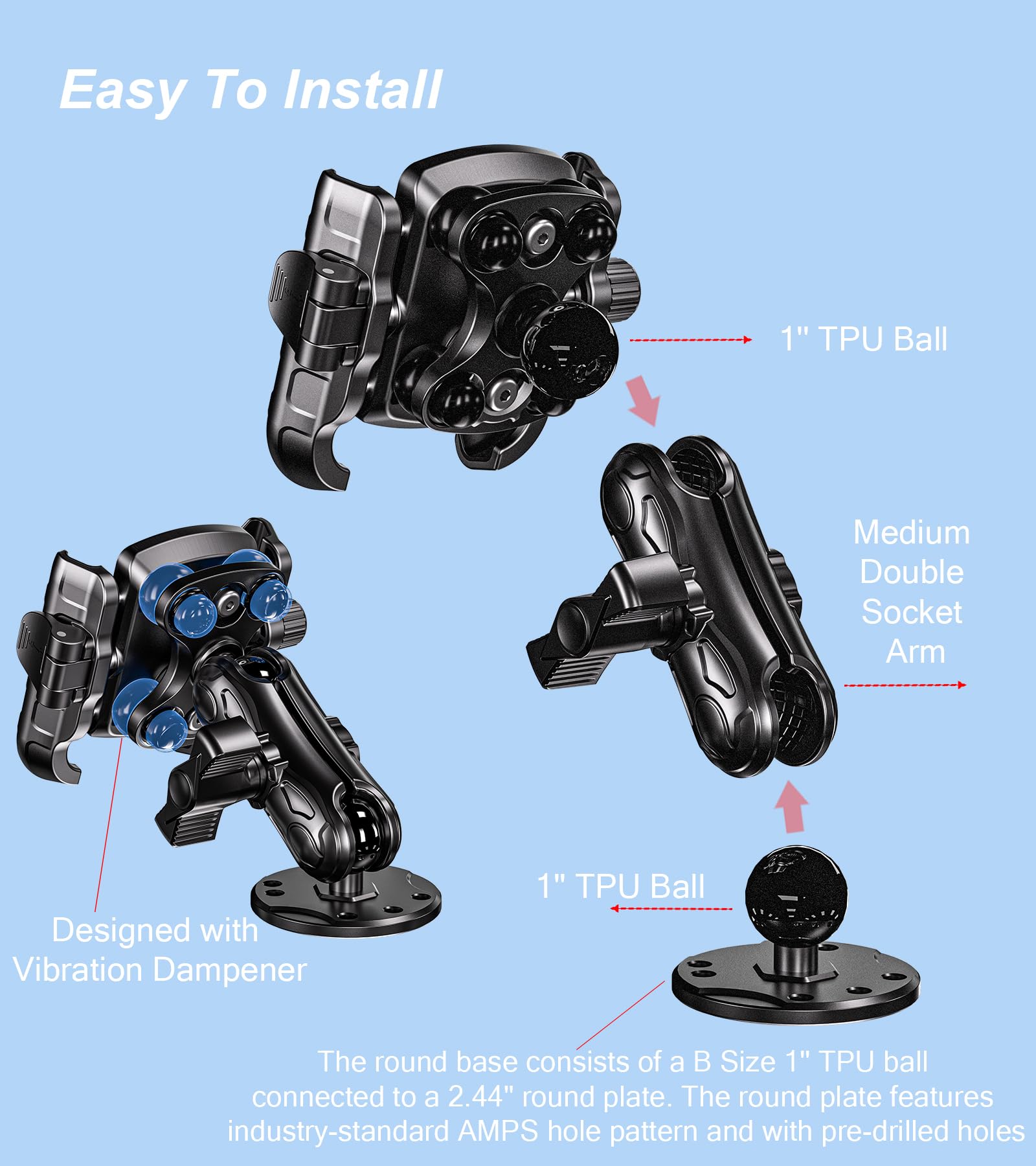 LOKTENWO Anti-Vibrations-Telefonhalterung mit Vibrationsdämpfer [Kamera ohne Blockierung] [1s Lock & Release] mit mittlerem Arm und runder Aluminium-Basis für Auto, LKW, UTV, Boot, passend für