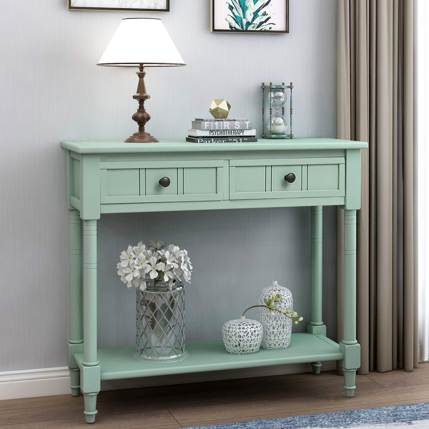 Knocbel 35.5 Inch Antique Entry Console Table with Drawers & Bottom Open Shelf, Solid Wood Sofa Couch Table for Entryway Hallway Living Room (Mint Green)