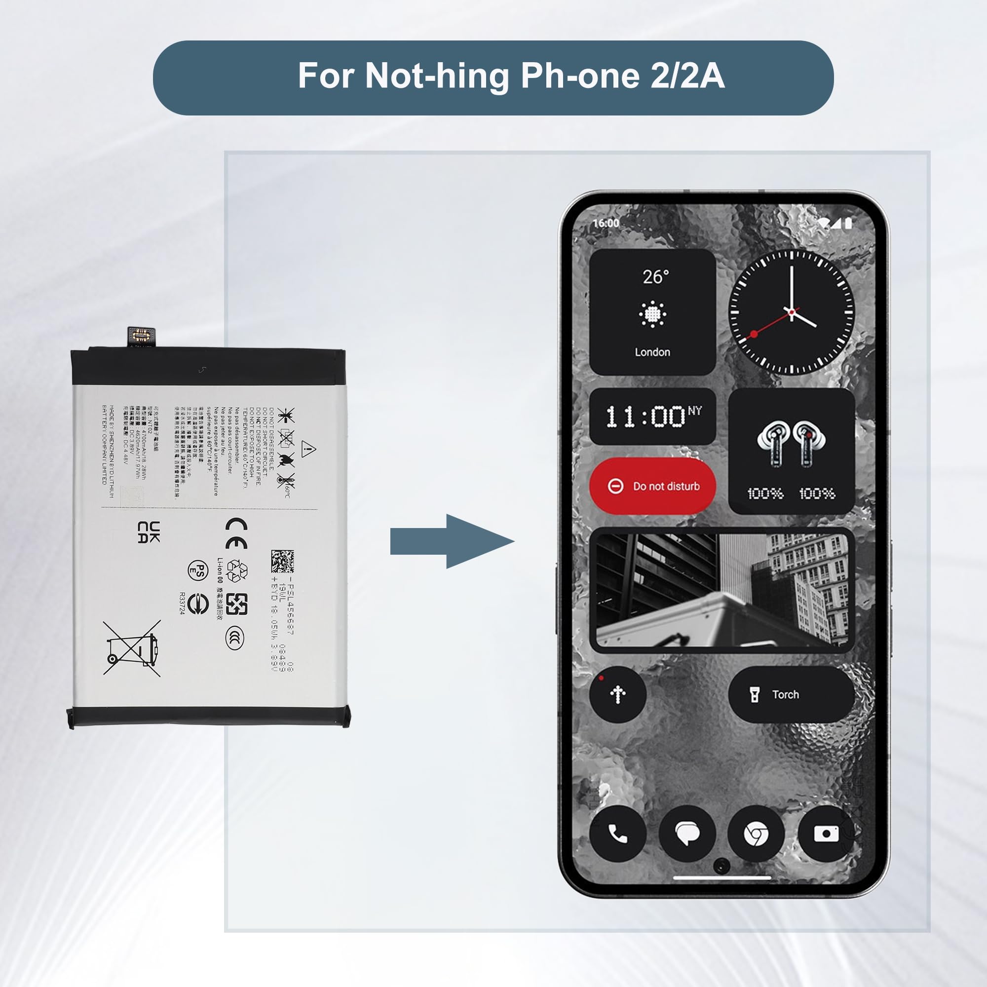 NT02 Ersatzakku 4700mAh/3.89V Kompatibel mit Nothing Phone 2/2A with Tools