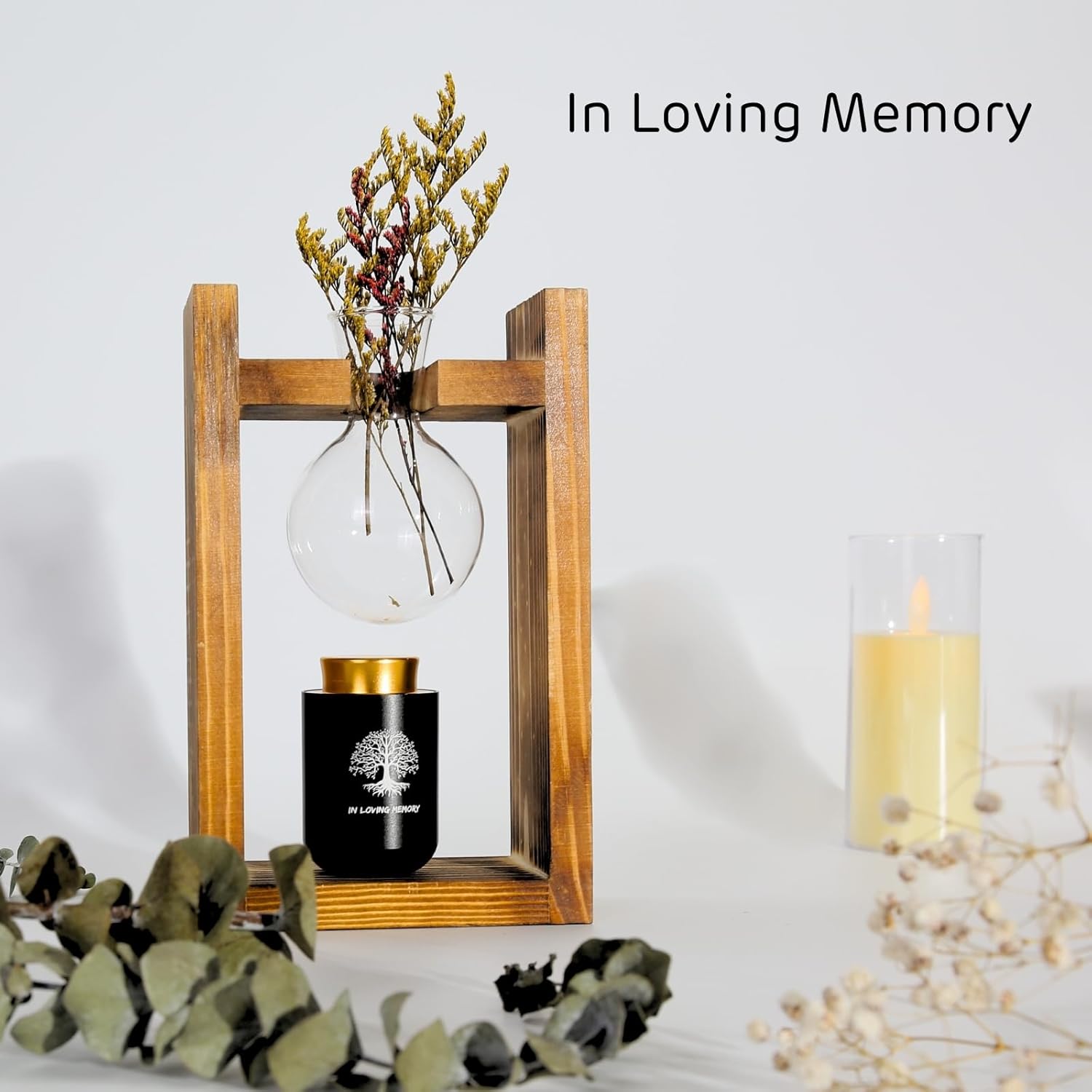 ChoiHeiy Plant Urn with Glass Bulb & Restro Solid Wooden Stand, Small Urns for Human Ashes Keepsake, Memorial Keepsake Urn for Human Ashes, Mini Urns for Human Ashes Keepsake, Small Urn for Ashes - Image 3