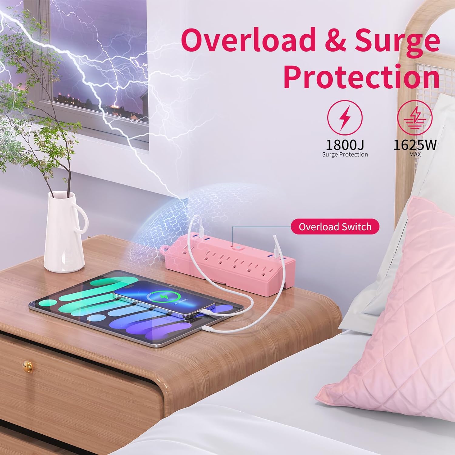 Desk Clamp Power Strip 6FT with 40W USB C Ports, JXGUCAT Flat Plug Desk Mount Power Strip Surge Protector, Removable Extension Cord with 2 USB-C Ports 6 Outlets, Fits 1.8" Tabletop Edge, Pink