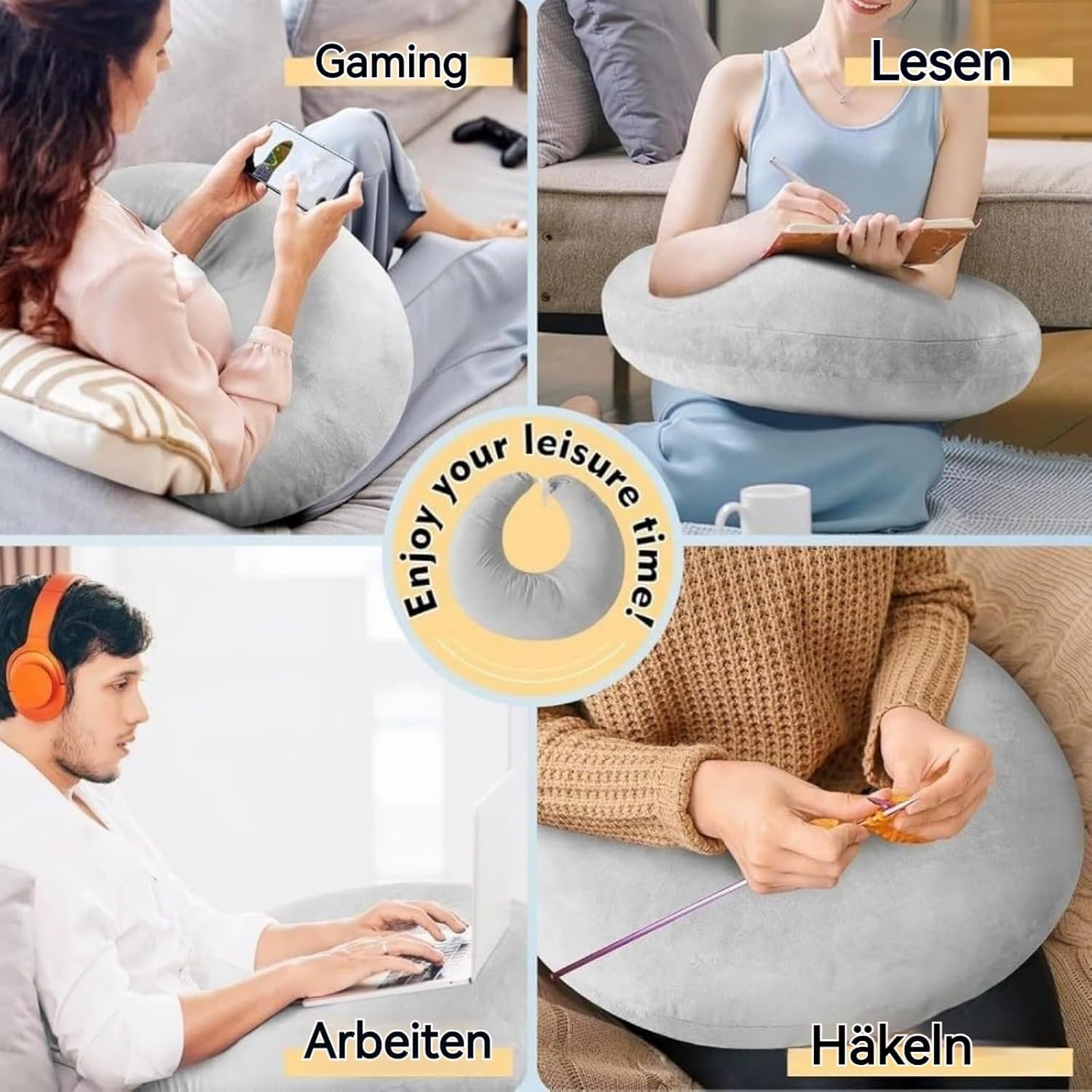 Generisch Cojín de punto, cojín ergonómico para manualidades, para momentos creativos, para lectura y juegos, para cama y sofá, cojín para los brazos para leer, jugar, trabajar y hacer ganchillo (gris