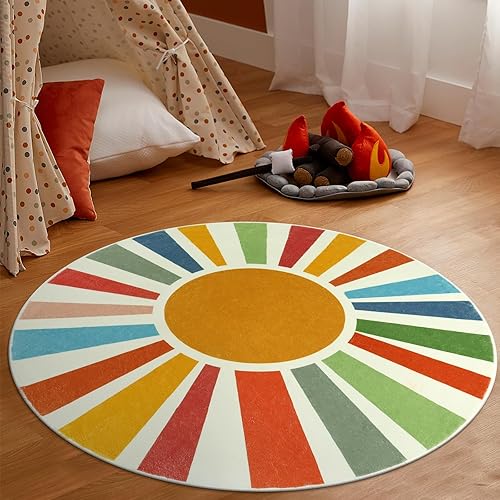 Miniatura 7 de STARUIA Alfombra de sol para dormitorio, 4 x 4 pies, lavable, colorida alfombra para niños, para cuarto de bebé, alfombra antideslizante ultra suave