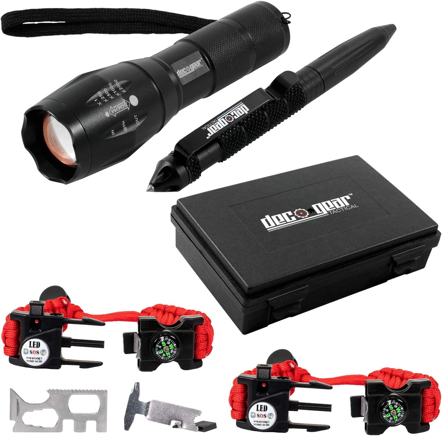 Deco Gear FPT100BK Tactical Flashlight and Pen Set + 2-Pack Survival Bracelet Gift Bundle