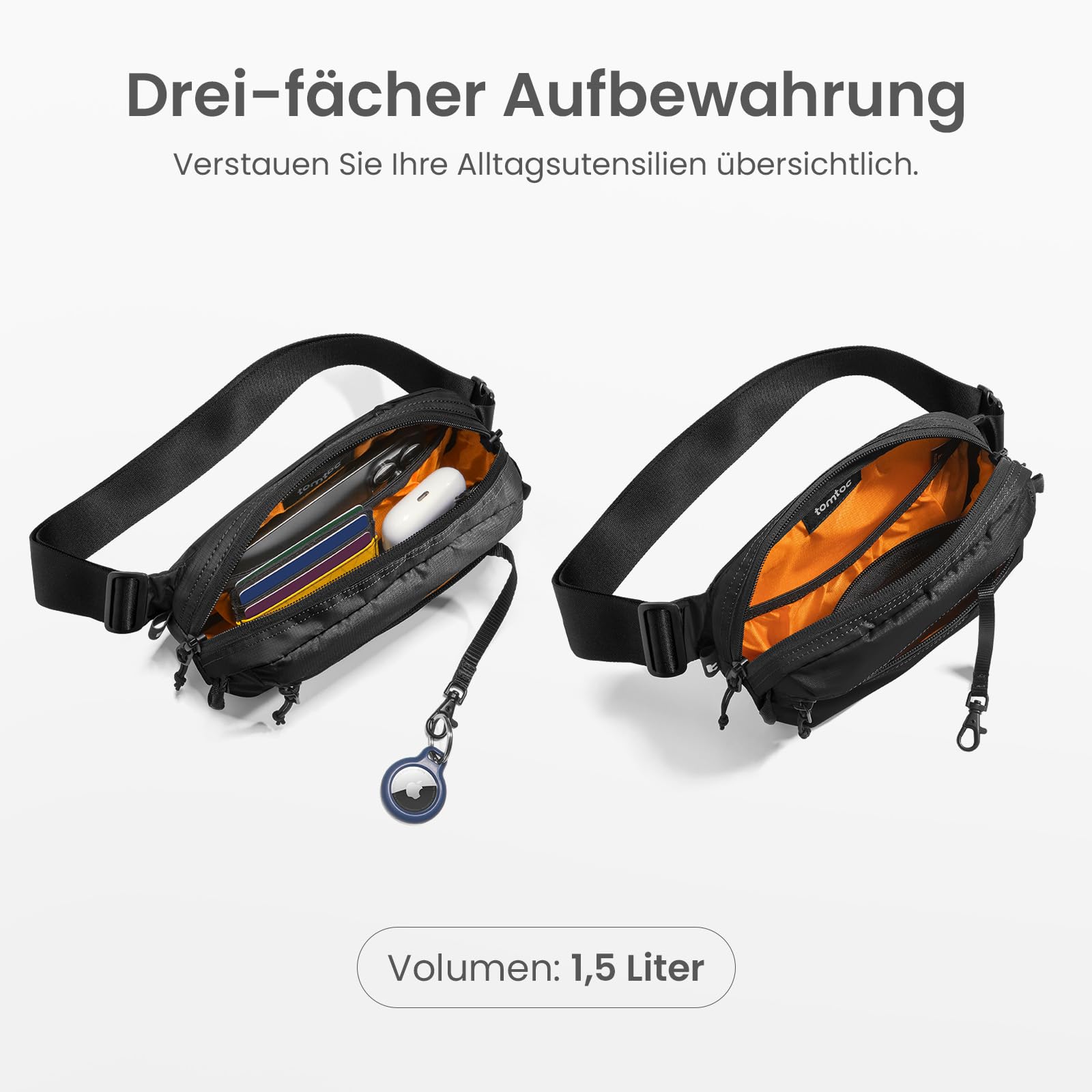 tomtoc 1,5 Liter Sling Bag mit RFID Schutz, Anti Diebstahl Bauchtasche Umhängetasche Schultertasche Crossbody Bag für Herren Damen, Spritzwassergeschützt Leicht Brusttasche für Alltag Reise, Schwarz