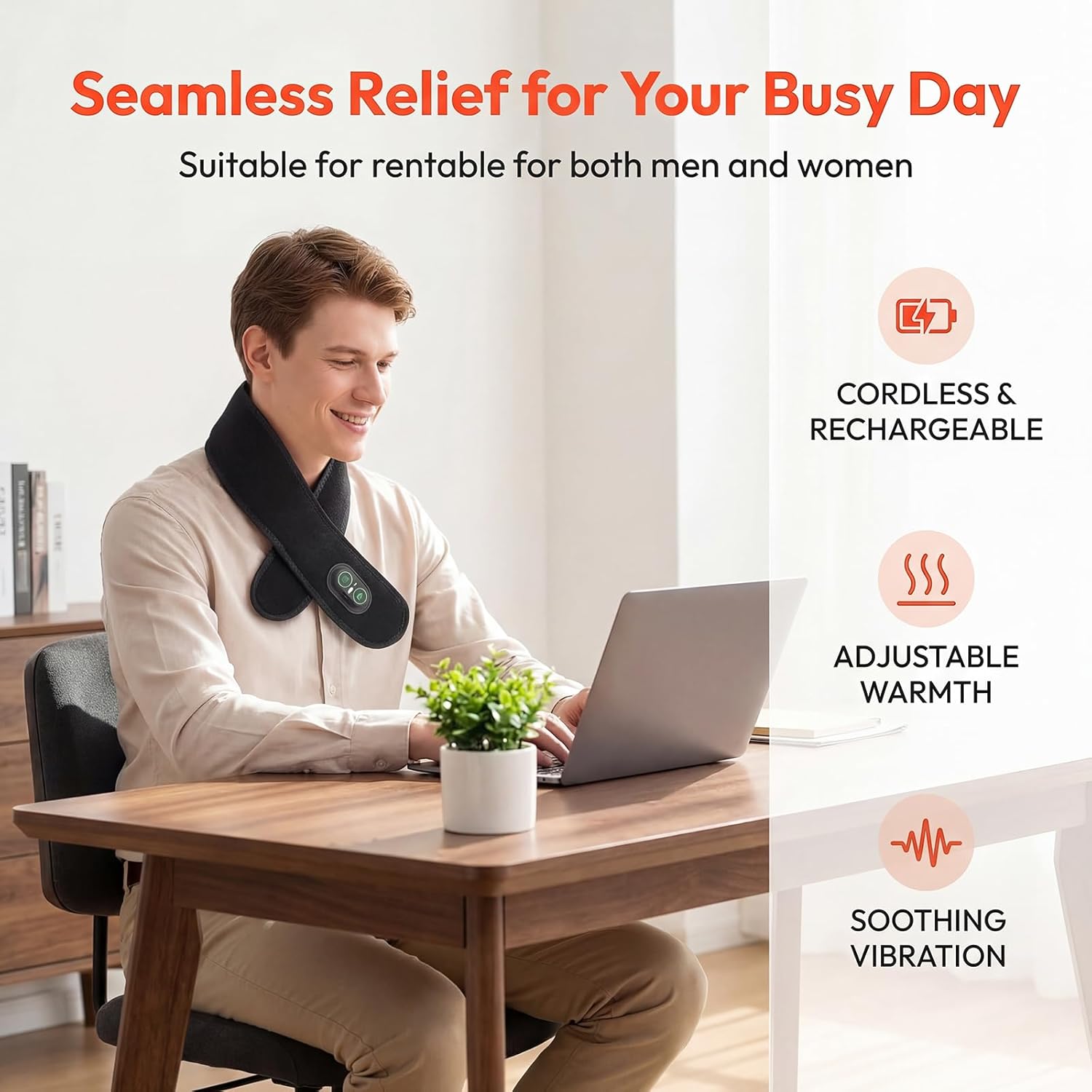 Cordless Heated Neck Massager Wrap with Vibration Massage & Red Light, ，Portable Neck Heat & Vibration Scarf with 3 Heat & 3 Vibration Levels, Soft Wearable Neck Pad for Neck, Back, Arms & Legs