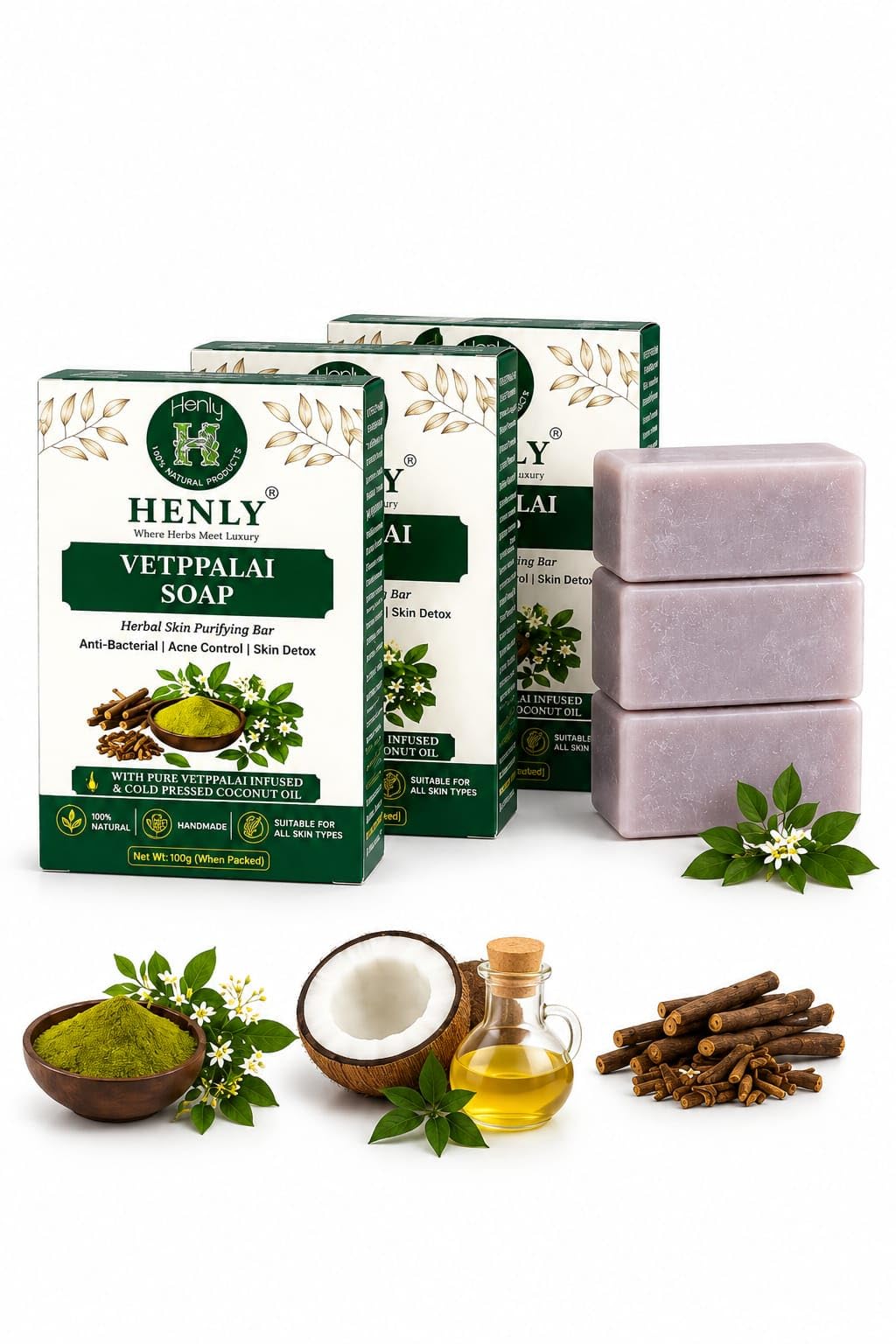 HENLY Vetpalai Herbal Handmade Skin Care Soap,With Pure Coldpress Coconut Oil,Butter, Caster Oil (It will help to Remove Psoriasis, Eczema, and Sensitive Skin) (100gX3 Nos), Natural Herbal Soap with Chemical Free.-image-18