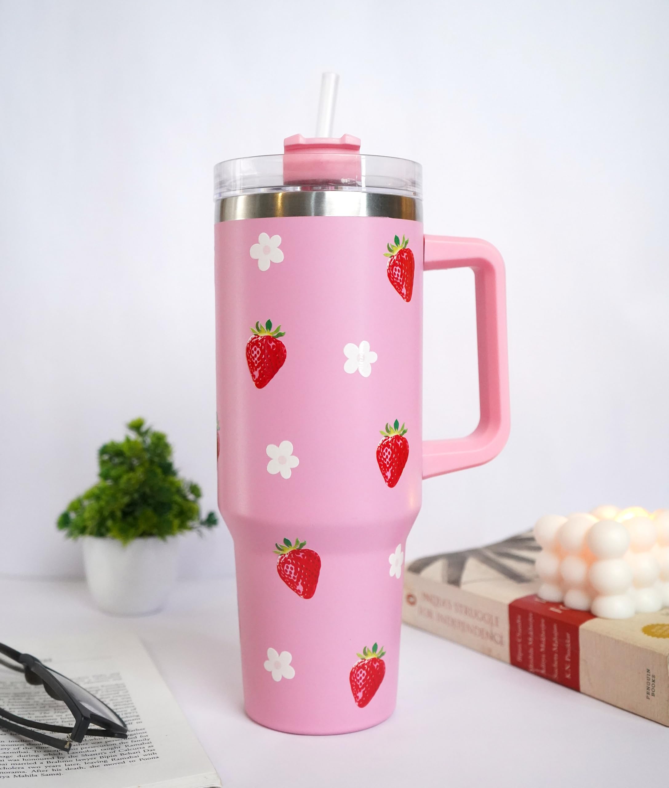 Najarat 1200ML Stainless Steel Tumbler Hot and Cold with Handle and Lid and 2 Straws, Double Insulated Cup Leak Proof Mug Cupholder for Gym, Travelling (Pink)